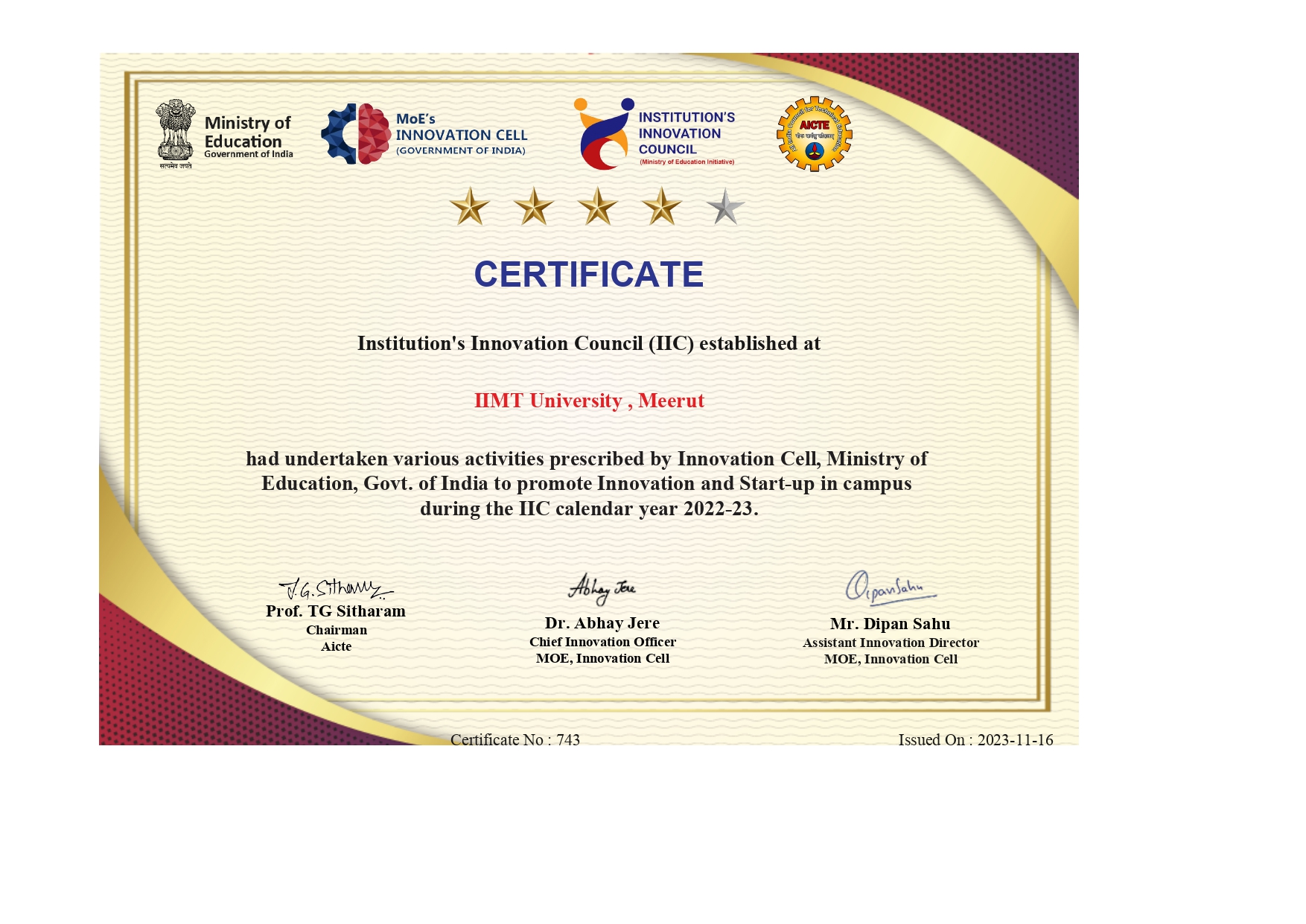 IIC Rating Certificate 2022-23 - IIMT University