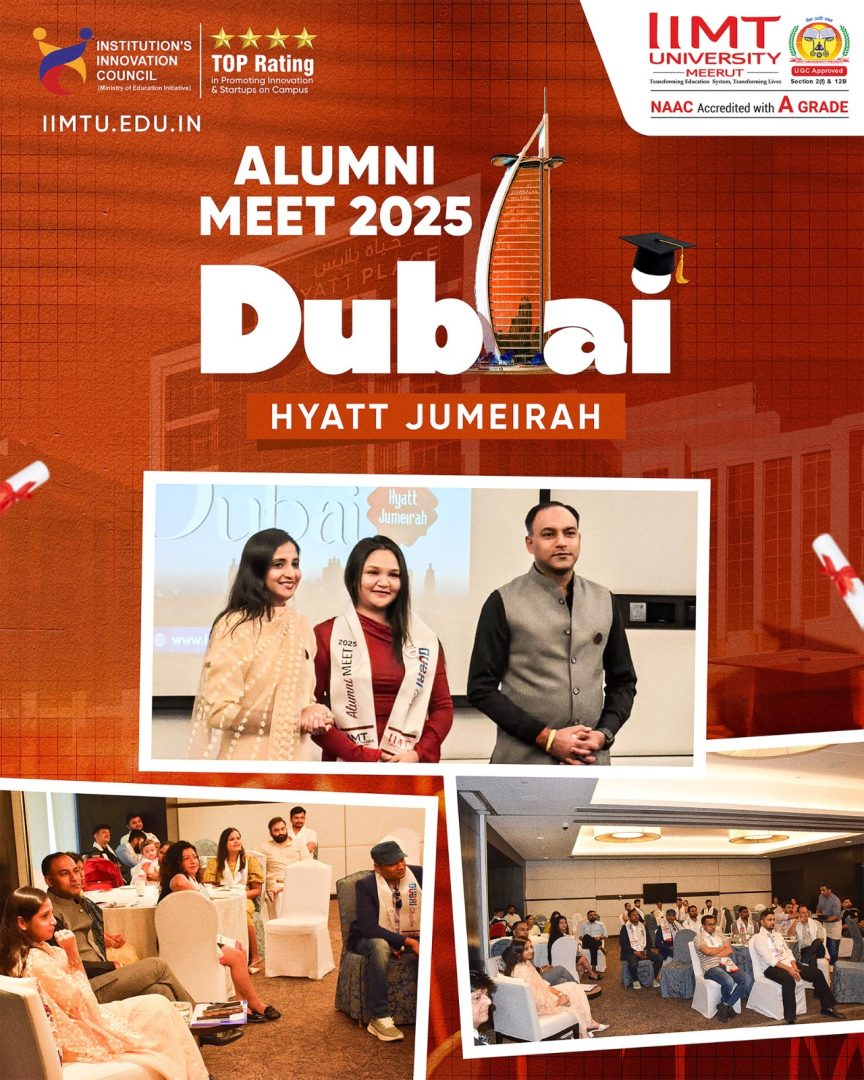 Group photo of IIMT University alumni and leadership during the 2025 Dubai Chapter meet at Hyatt Jumeirah, celebrating 30+ years of legacy, global alumni success, and academic excellence.
