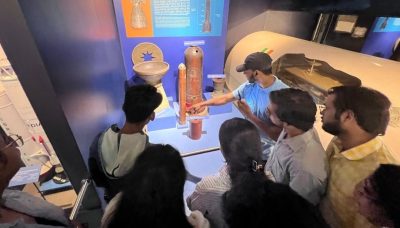 Students exploring the space and rocket science exhibit — scale models of early Indian rockets providing a fascinating window into ISRO's remarkable history.