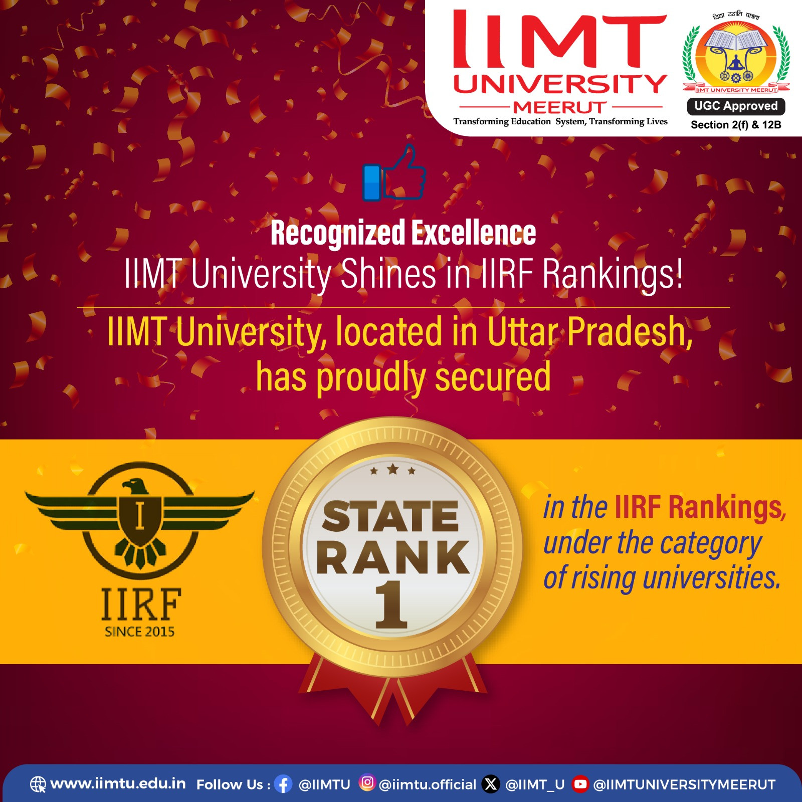 IIMT University Secures State Rank 1 in UP: A Testament to Excellence in Education