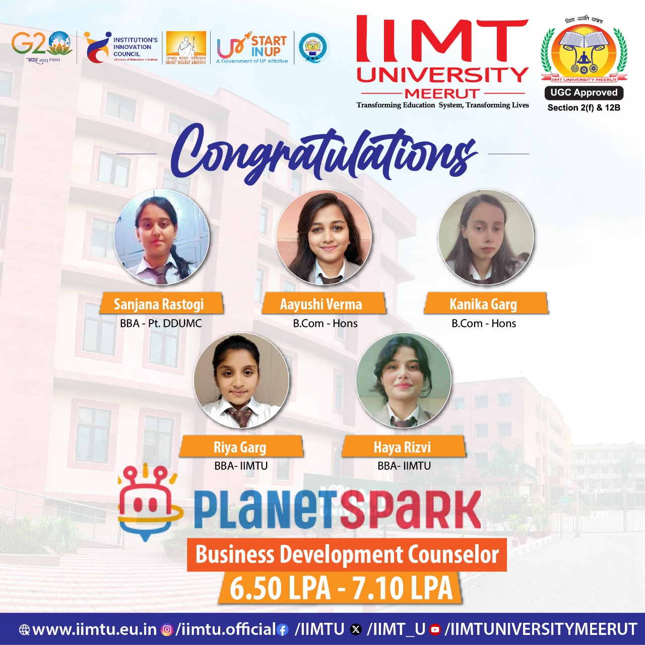 IIMTU commerce graduates celebrating their placement at PlanetSpark, marking the start of their professional journey in the ed-tech industry.