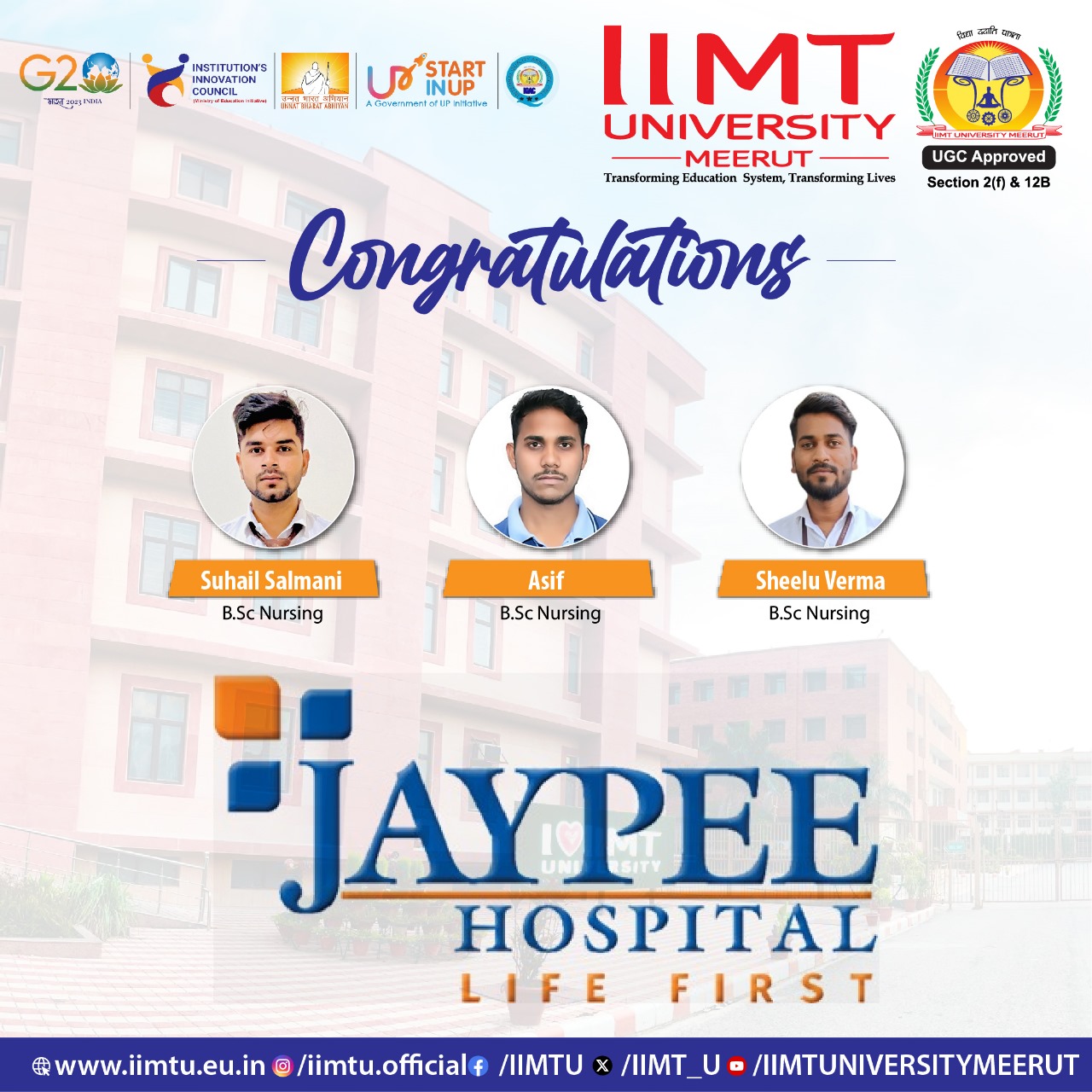 IIMTU student selected for placement at Jaypee Hospital, celebrating their achievement and beginning a successful healthcare career.