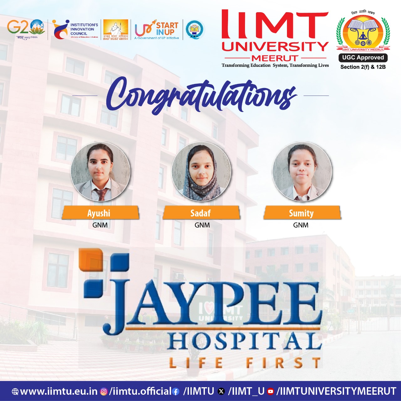 IIMTU GNM graduate selected for placement at Jaypee Hospital, embarking on a fulfilling career in healthcare and patient care.