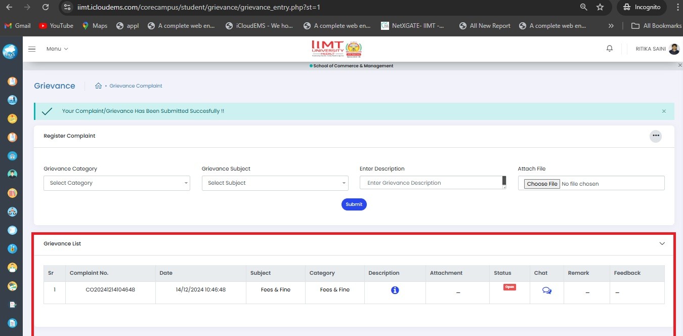 iimtu erp register your grievance