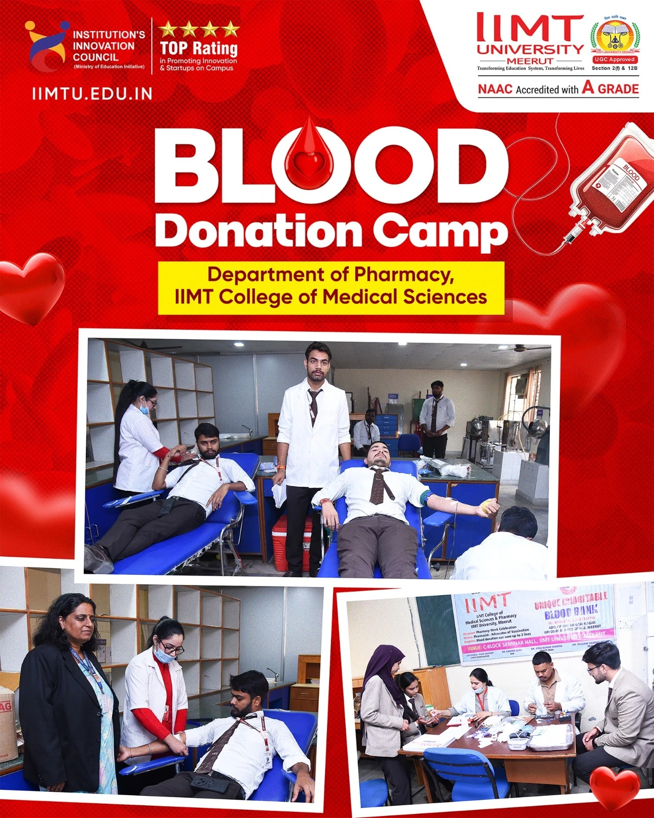 Medical staff from Unique Charitable Blood Bank assisting donors at IIMT University.