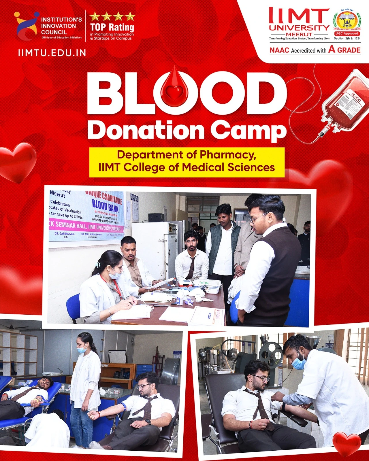 Donor registration and health screening area at the Blood Donation Camp, IIMT University.