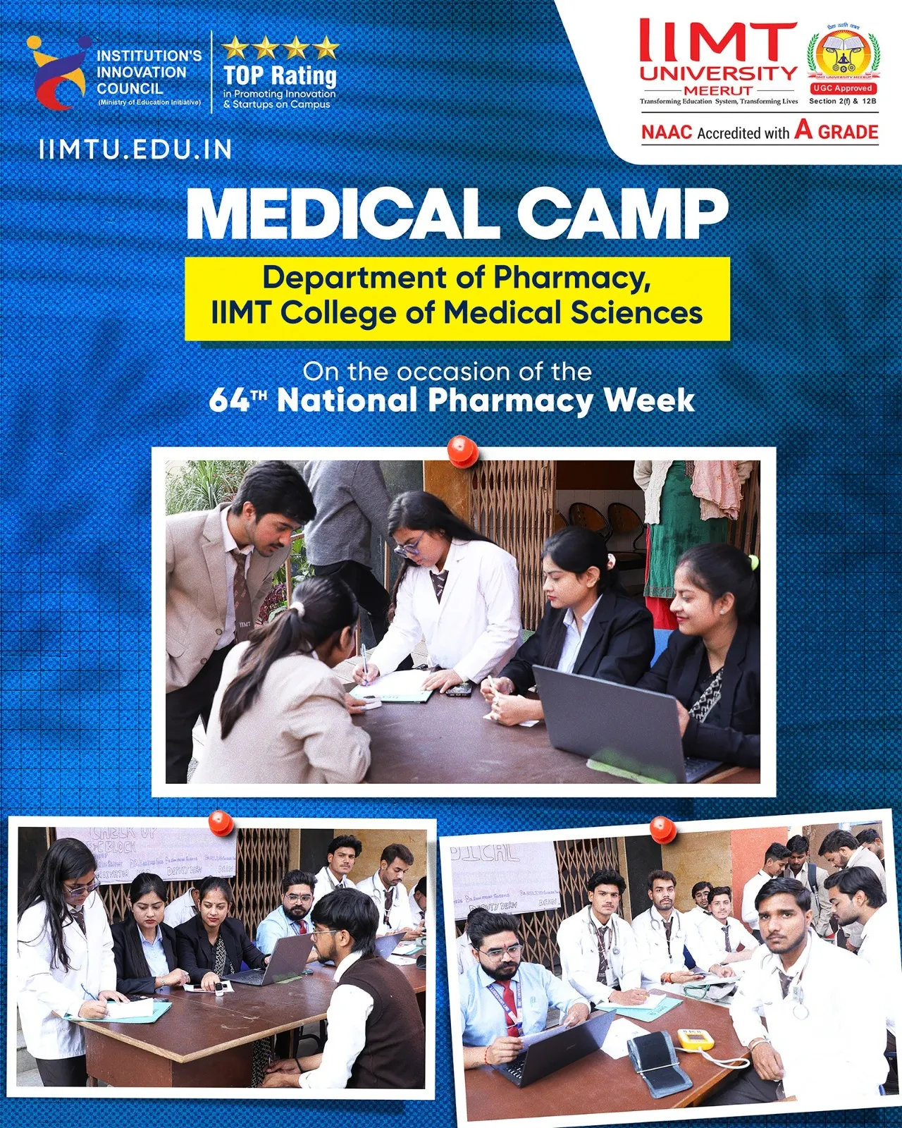 Healthcare professionals from IIMT College conducting free medical check-ups for villagers during the health camp at Kasthala Village.