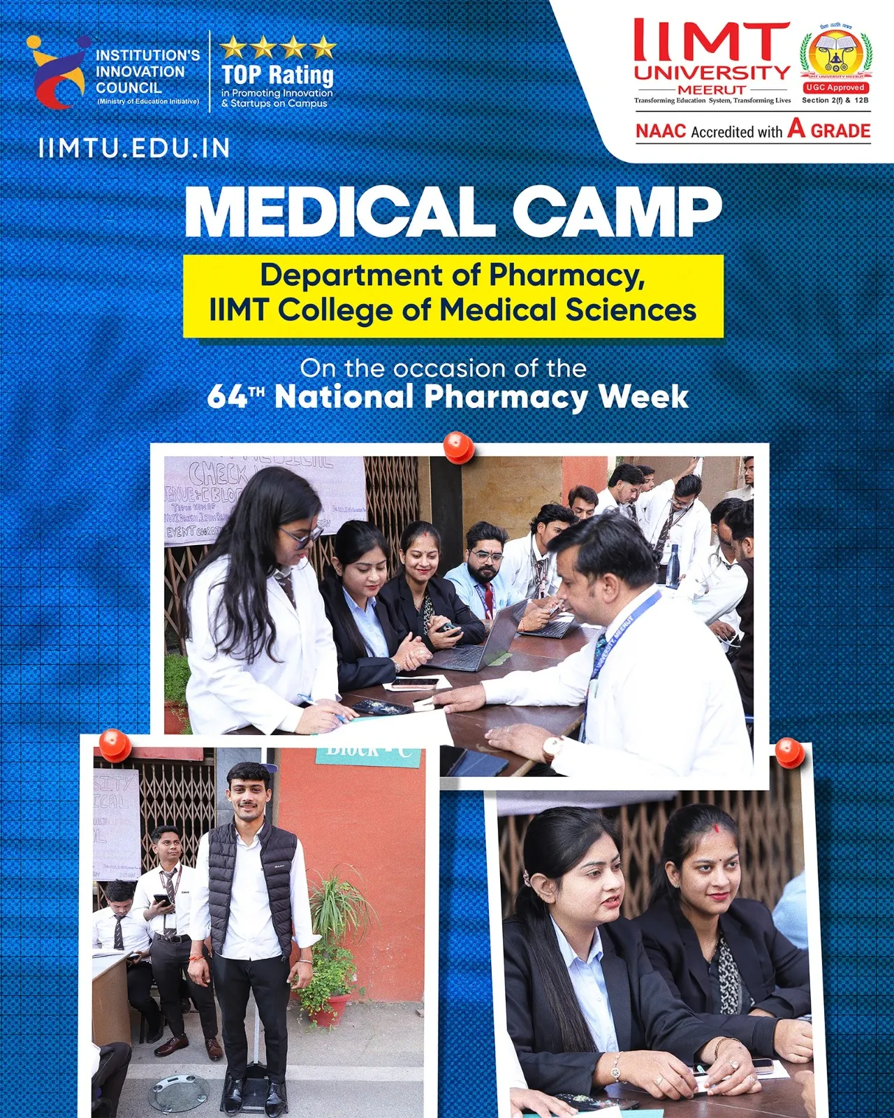 IIMT University faculty and volunteers spreading vaccination awareness during National Pharmacy Week at Kasthala Village health camp.