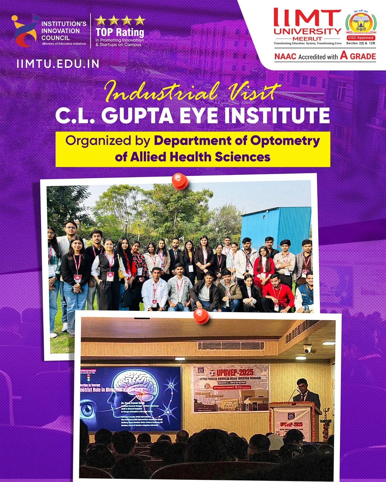 Group photograph of IIMT University B.Optometry students and faculty standing outside the C.L. Gupta Eye Institute in Moradabad during their industrial visit in November 2025.