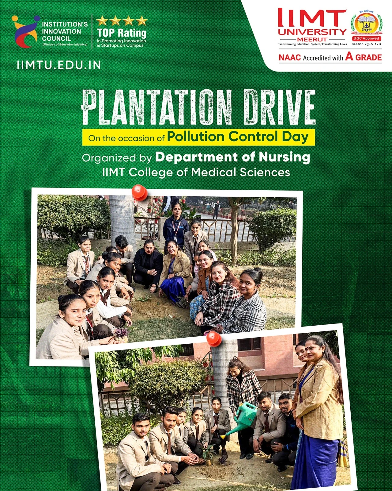Nursing students of IIMT College of Medical Sciences planting saplings during the Pollution Control Day Plantation Drive.