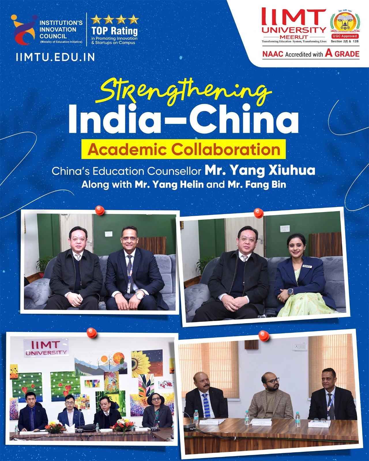 Delegates Mr. Yang Helin and Mr. Fang Bin interacting with faculty at IIMT University to discuss India–China academic collaboration