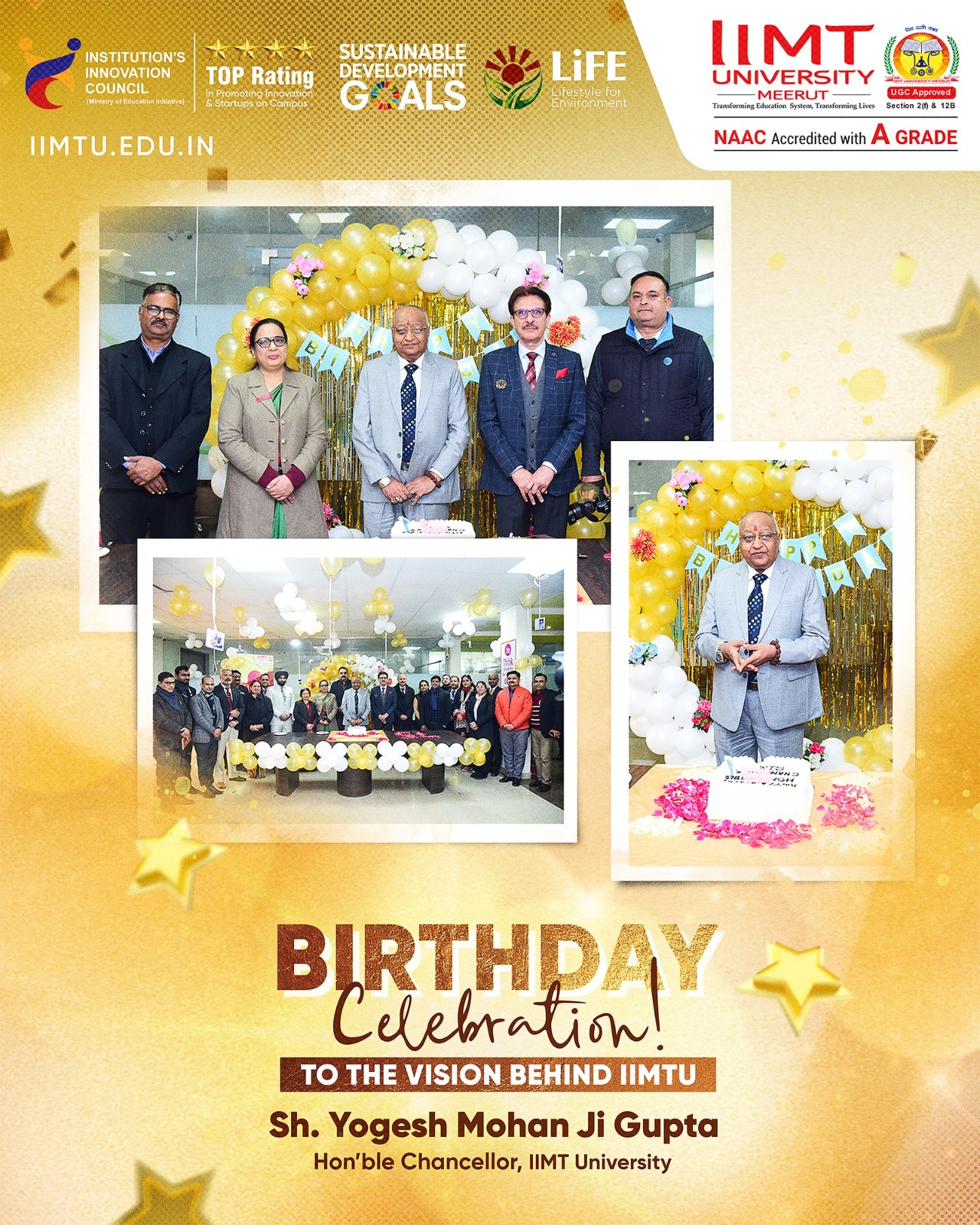 Ceremonial moments from the Chancellor’s birthday celebration highlighting leadership and academic excellence at IIMT University