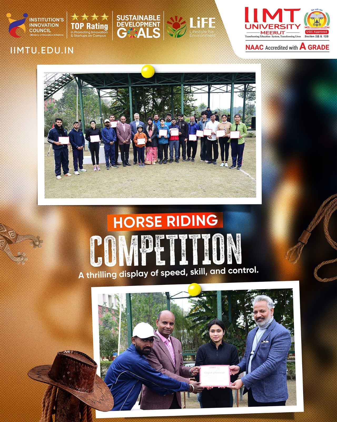 Students participating in the Horse Riding Competition at IIMT University, showcasing precision riding skills and strong coordination with their horses during the 2026 event.