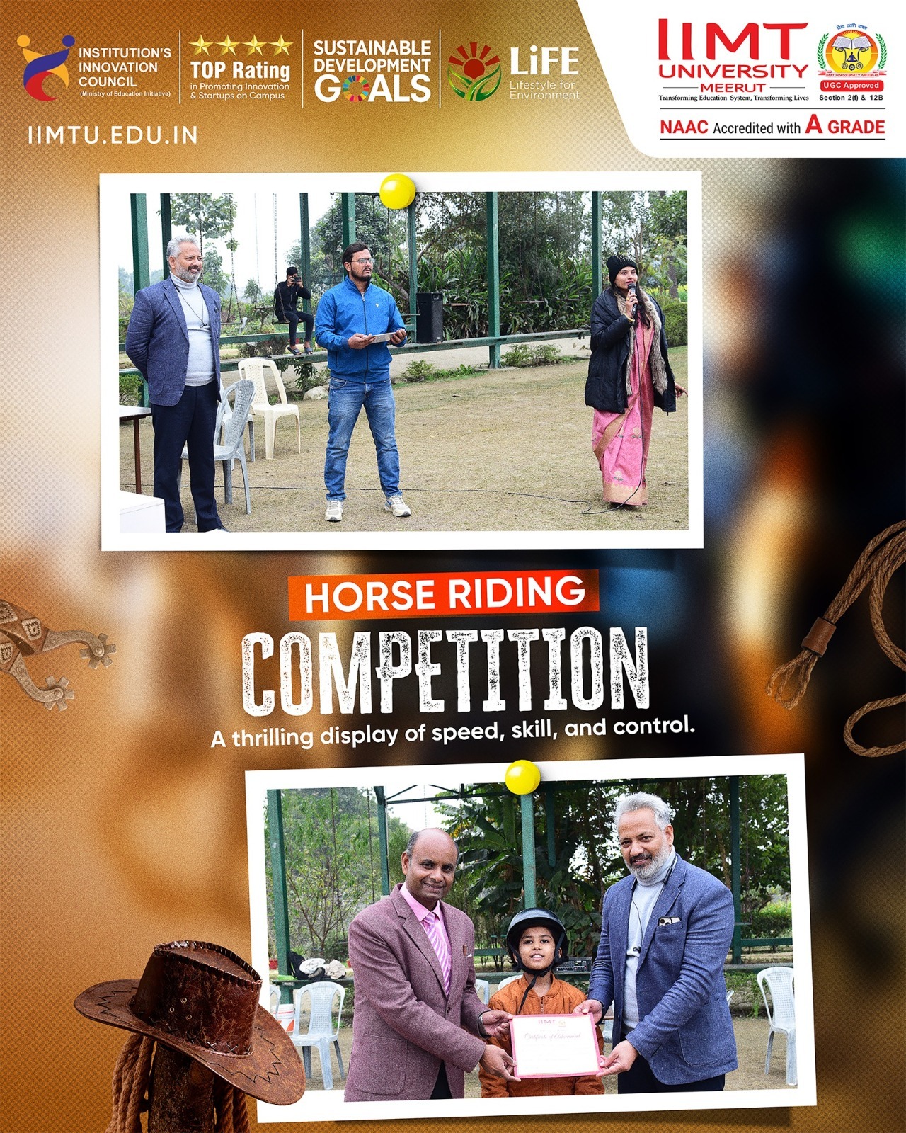 Winner Tannu Singh and runner-up Khushi Malik receiving awards at the Horse Riding Competition held at IIMT University on 02 January 2026.
