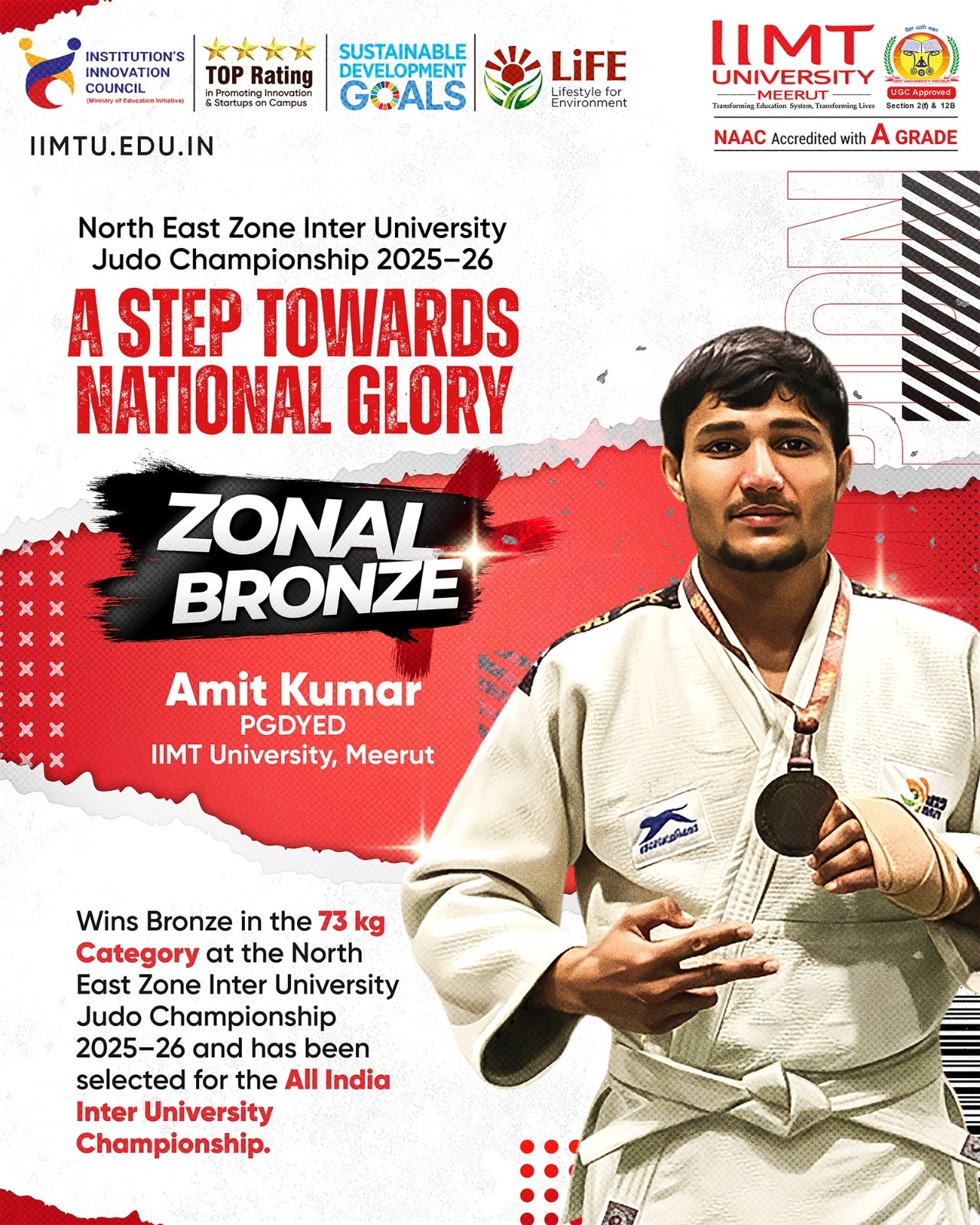 Amit Kumar of IIMT University posing proudly with his bronze medal in the -73 kg category at the North East Zone Inter University Judo Championship 2026, showcasing achievement and sports excellence.