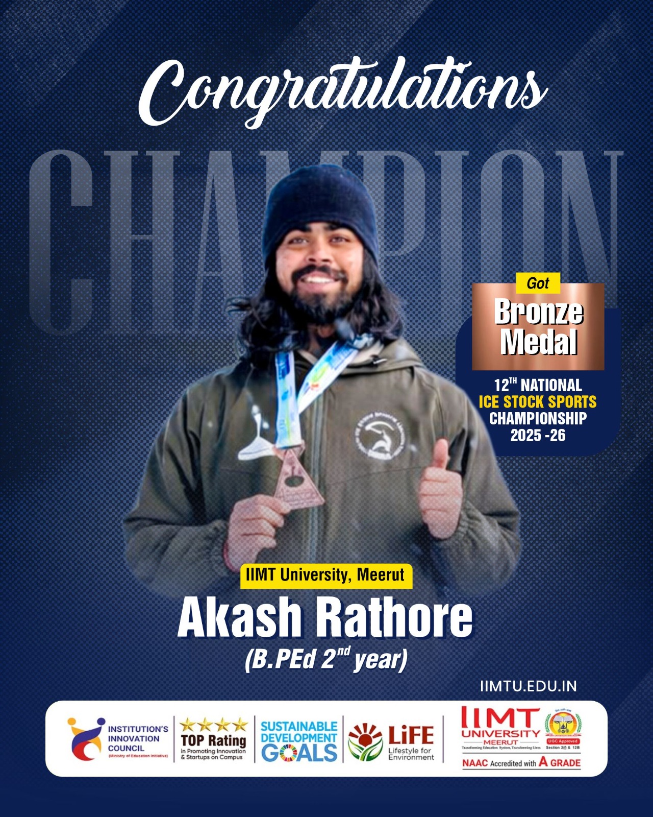 Akash Rathore from IIMT University, Meerut holding his Bronze Medal at the 12th National Ice Stock Sports Championship 2025–26