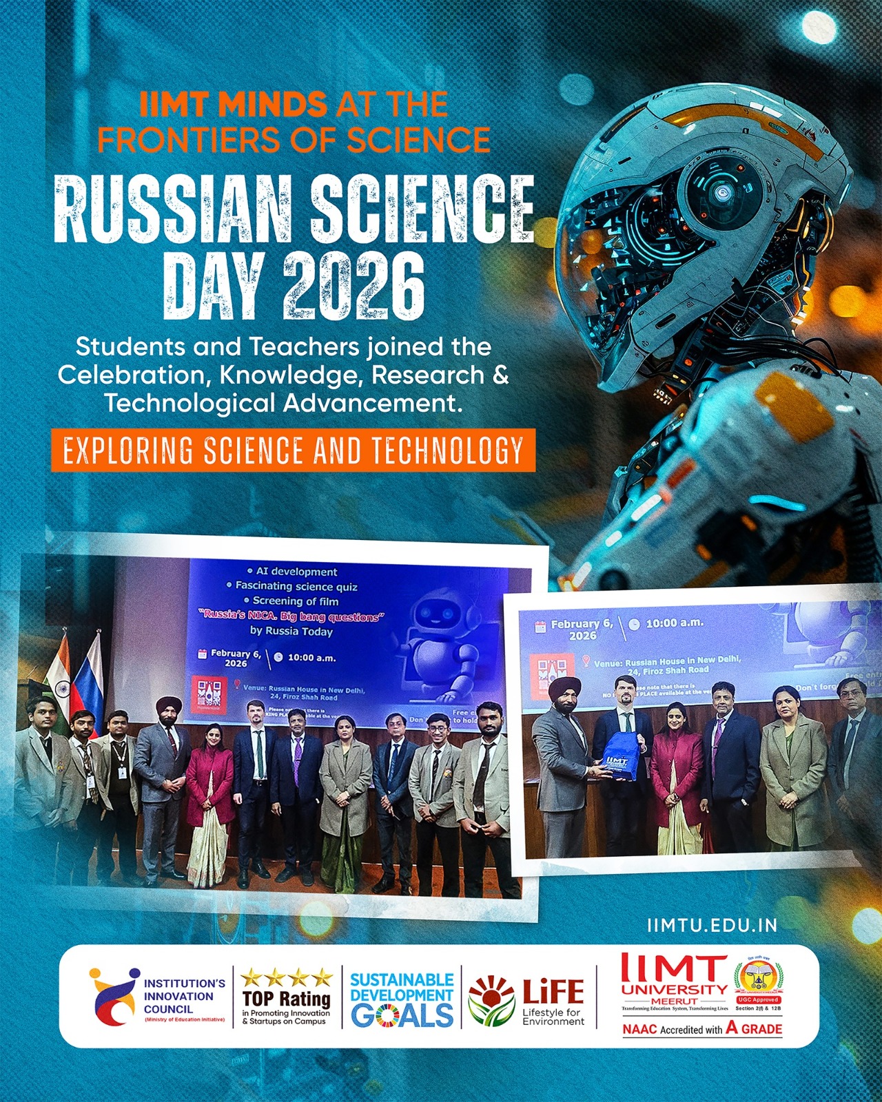 IIMT University faculty and students celebrating Russian Science Day 2026 at Russian House, New Delhi, highlighting innovation, artificial intelligence, scientific collaboration, and global research excellence.