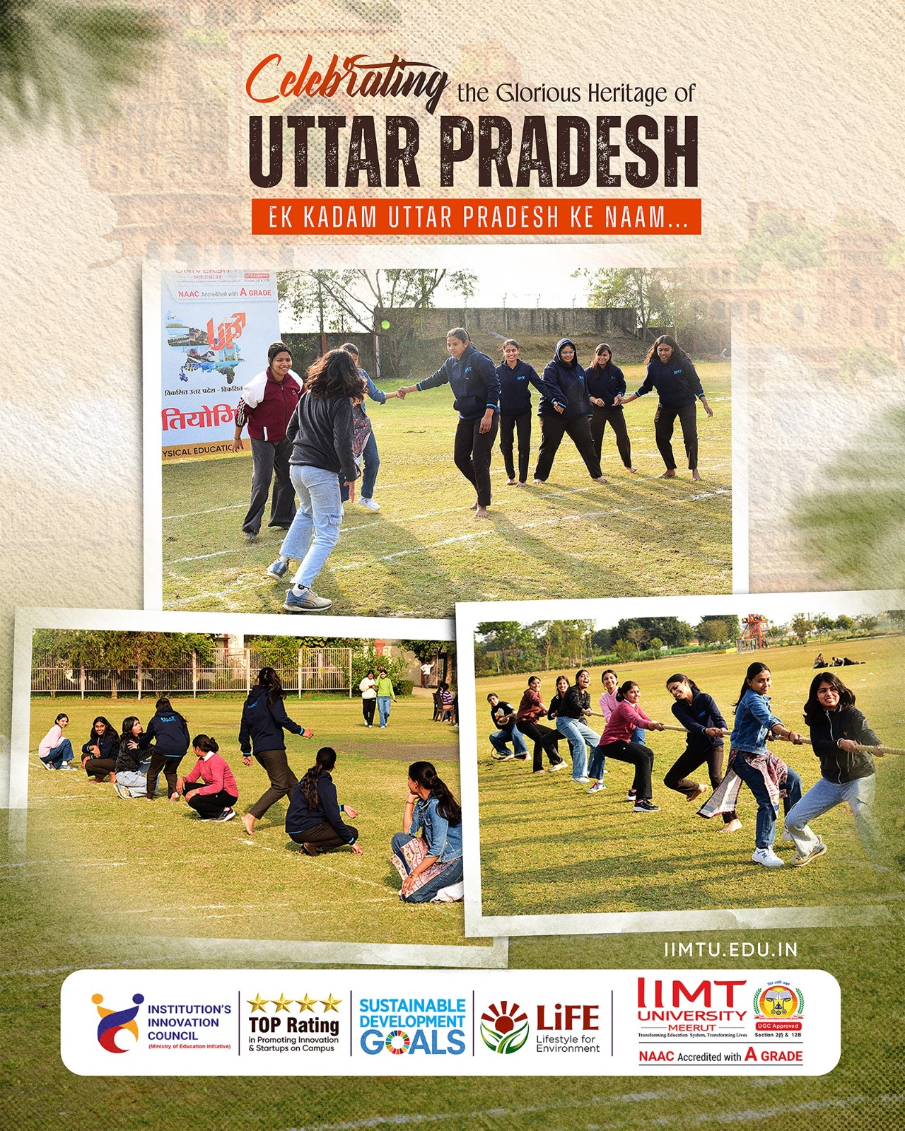 IIMT University students and faculty holding a banner while celebrating Uttar Pradesh Diwas with cultural activities and traditional sports on campus.