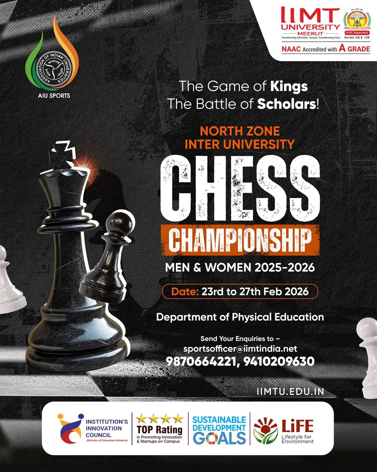 North Zone Inter-University Chess Championship 2025–2026 poster hosted by IIMT University Meerut showing chess king piece and tournament dates 23rd to 27th February 2026.
