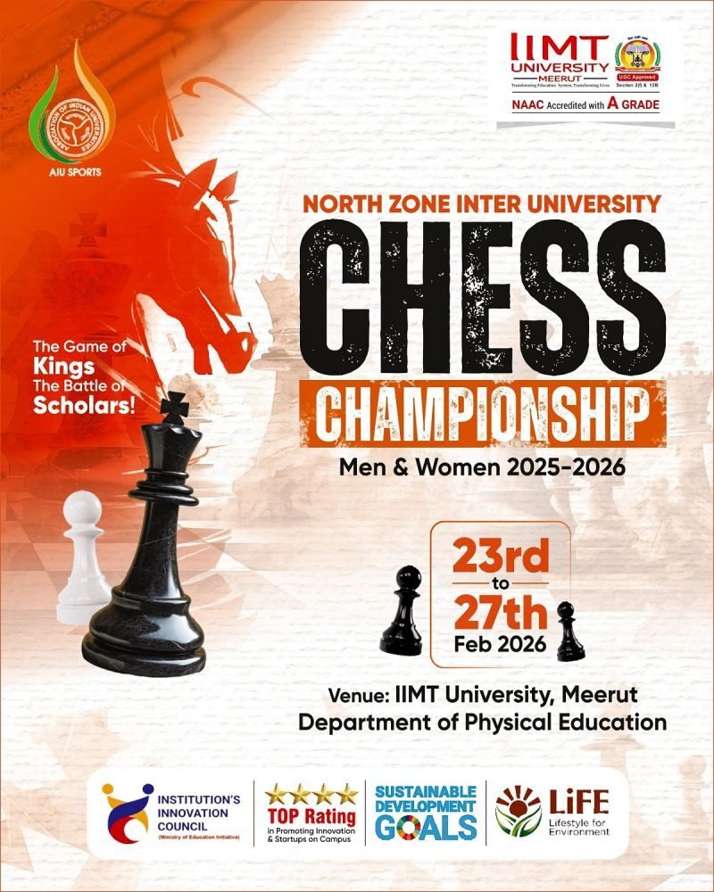 North Zone Inter-University Chess Championship 2025–2026 poster at IIMT University, Meerut featuring chess pieces and event details from 23rd to 27th February 2026.