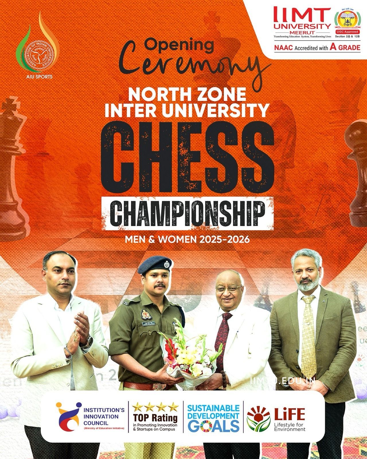 North Zone Inter-University Chess Championship 2025–2026 poster at IIMT University, Meerut featuring chess pieces and event details from 23rd to 27th February 2026.