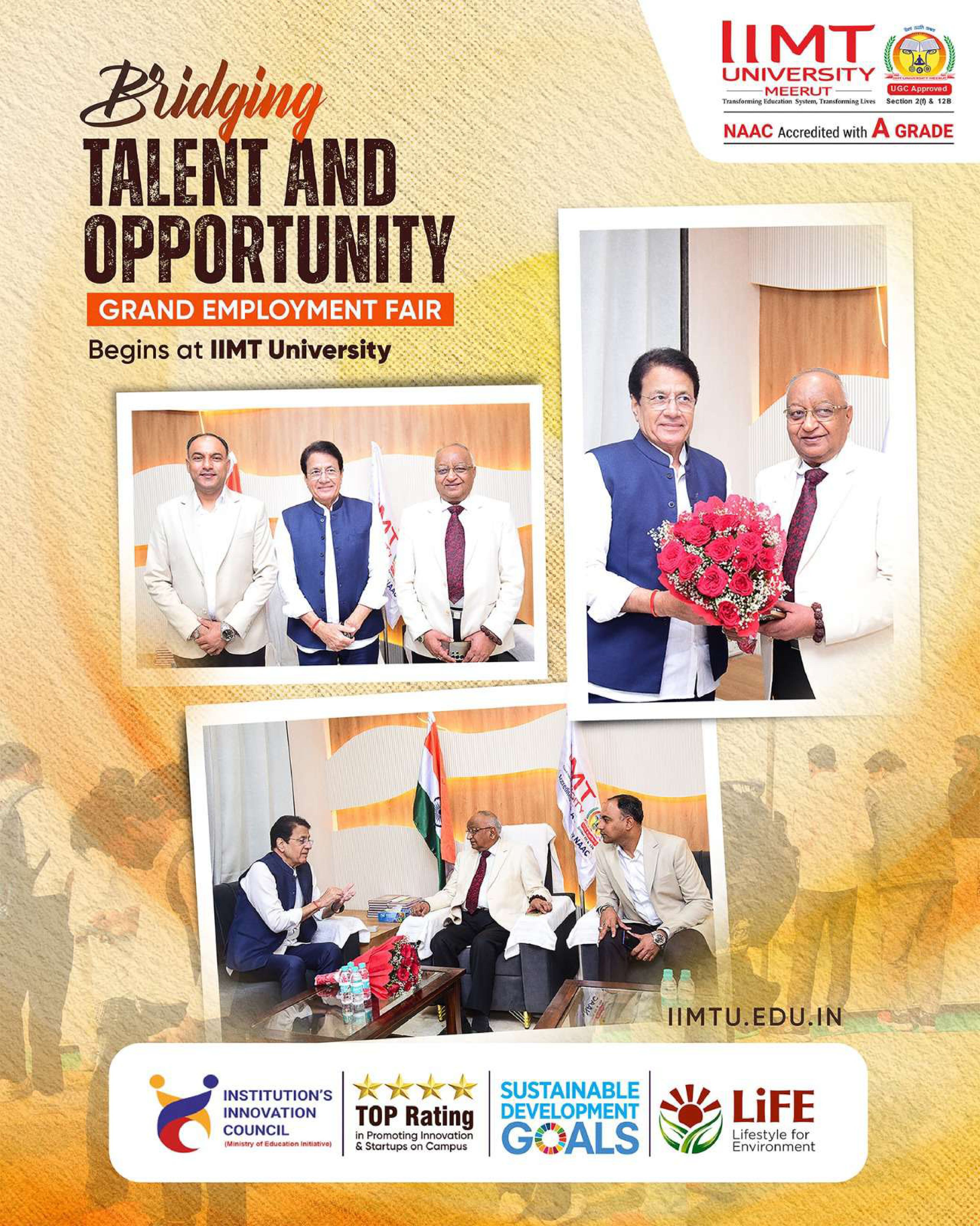Grand Employment Fair at IIMT University featuring university leaders and dignitaries interacting with students and recruiters during the career placement event.