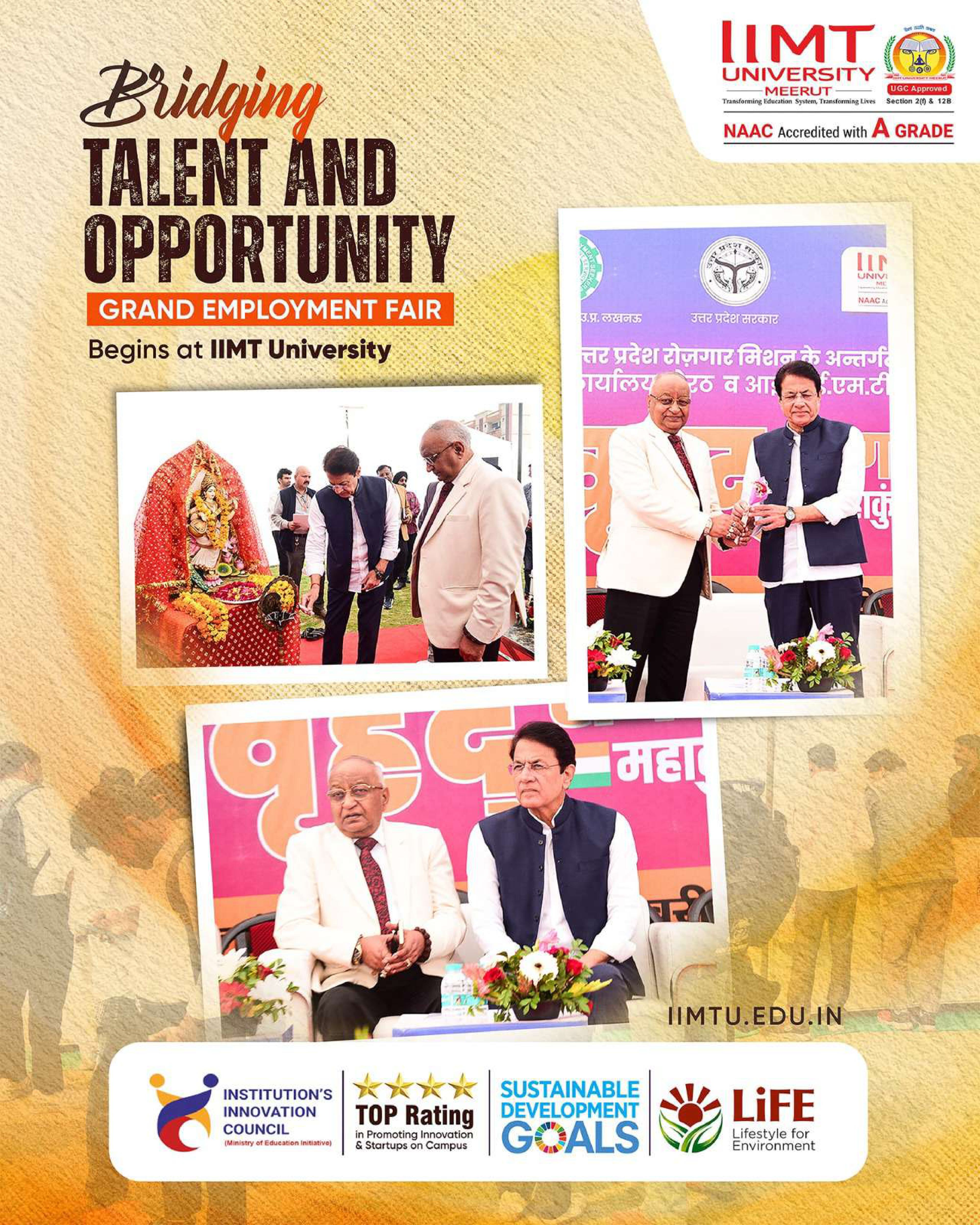 Senior officials at IIMT University inaugurating the Grand Employment Fair, highlighting multi-industry job opportunities and youth empowerment initiatives.