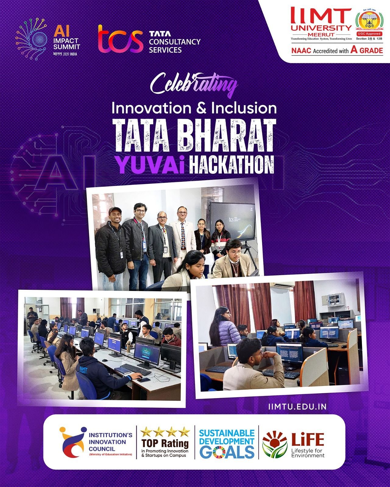 Students of IIMT University Meerut actively participating in the TATA Bharat YUVAi Hackathon organized in collaboration with Tata Consultancy Services, working on AI-based projects in the computer lab.