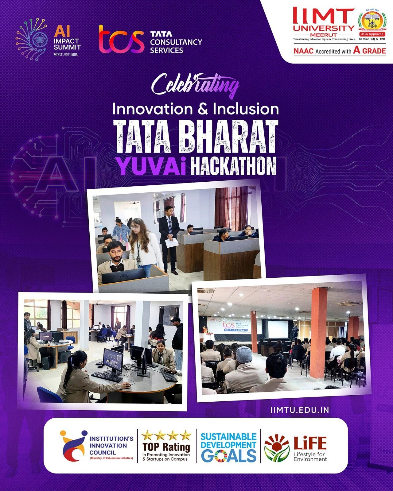 Faculty members and students of IIMT University Meerut during the national-level TATA Bharat YUVAi Hackathon, promoting innovation, AI learning, and technology-driven solutions.