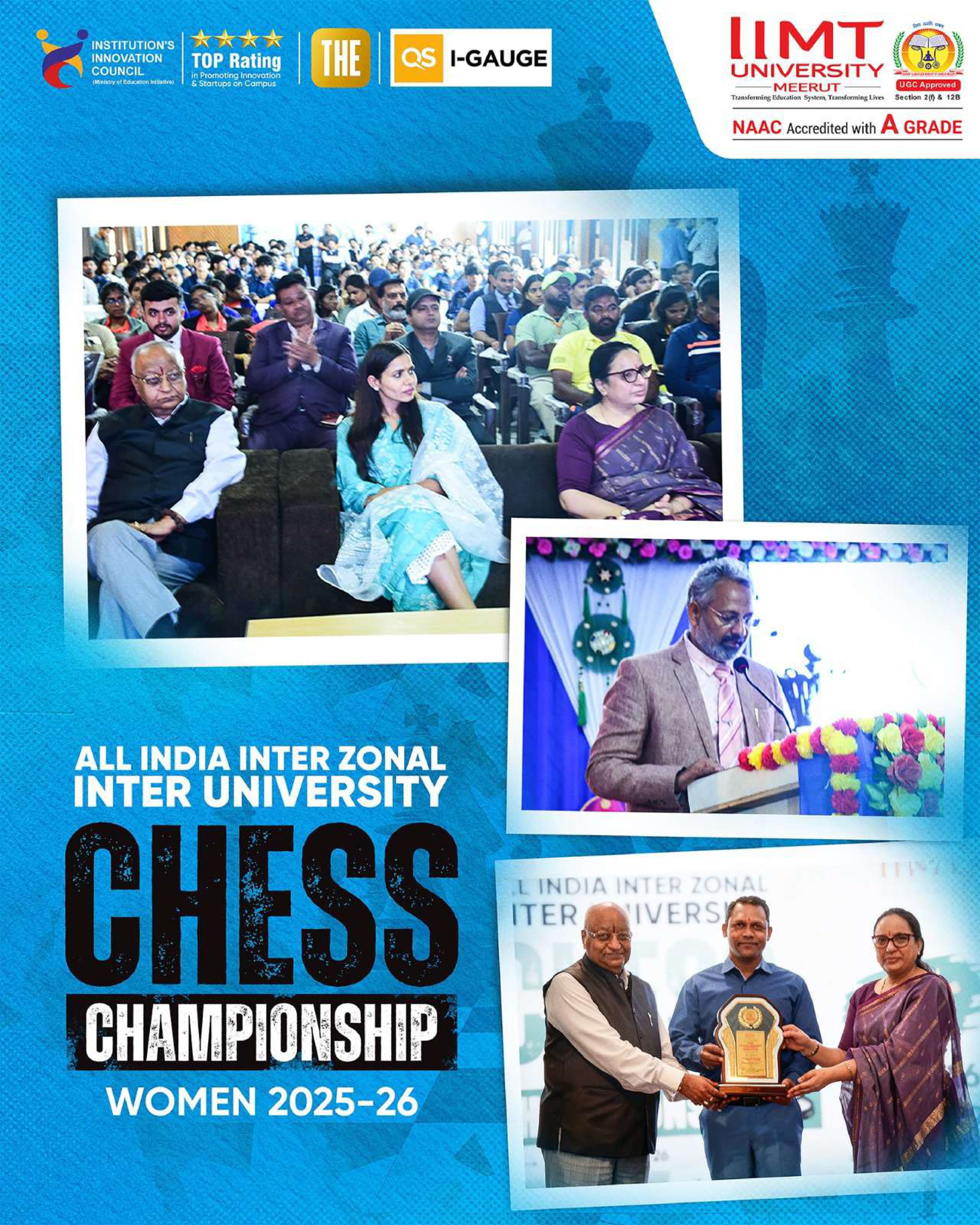 Women players being honored with a bouquet at IIMT University Meerut during the All India Inter Zonal Inter University Chess Championship 2025–26.