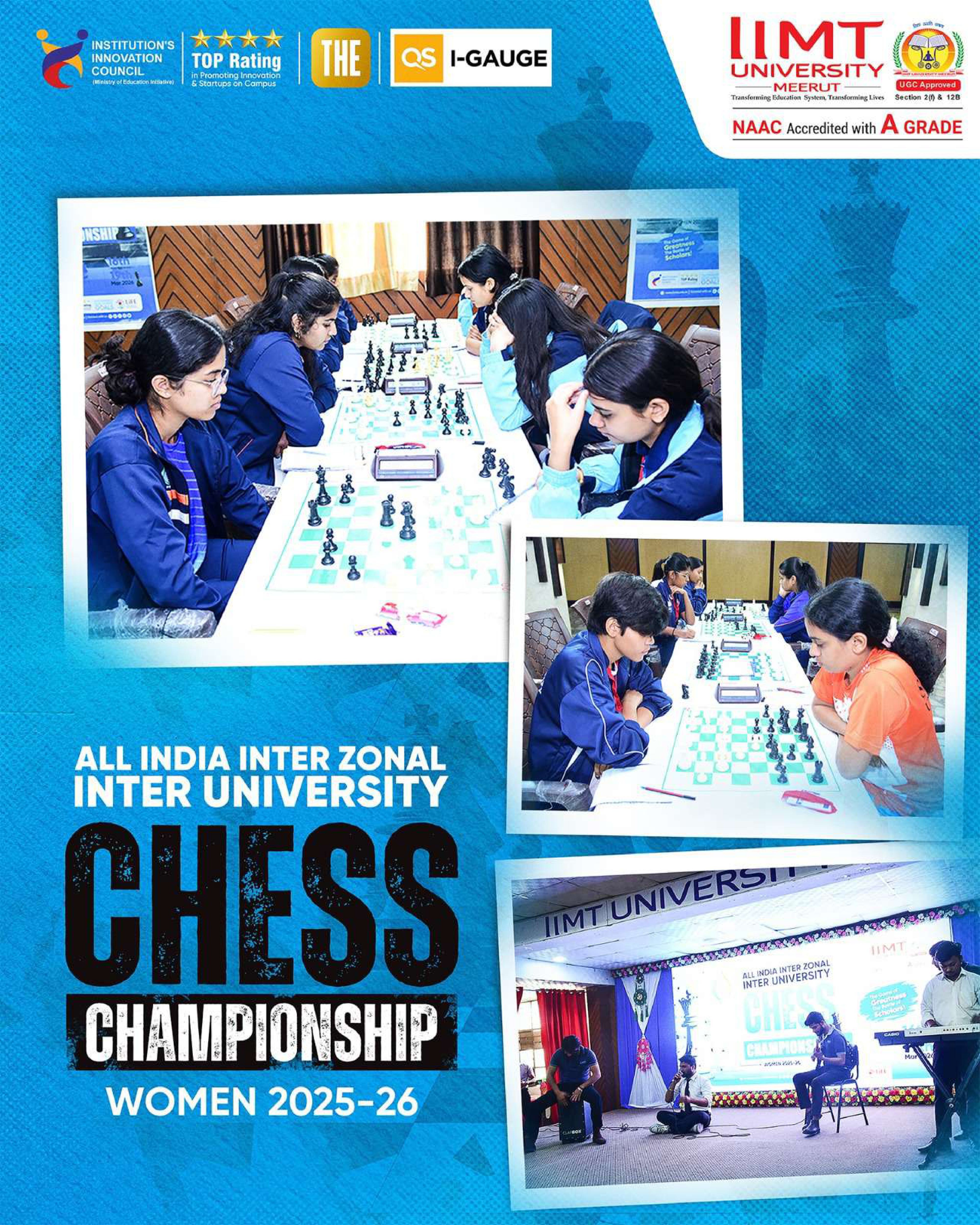 Award ceremony moment at IIMT University Meerut chess championship showing winners receiving recognition during the Women’s Inter University Chess Tournament 2025–26.