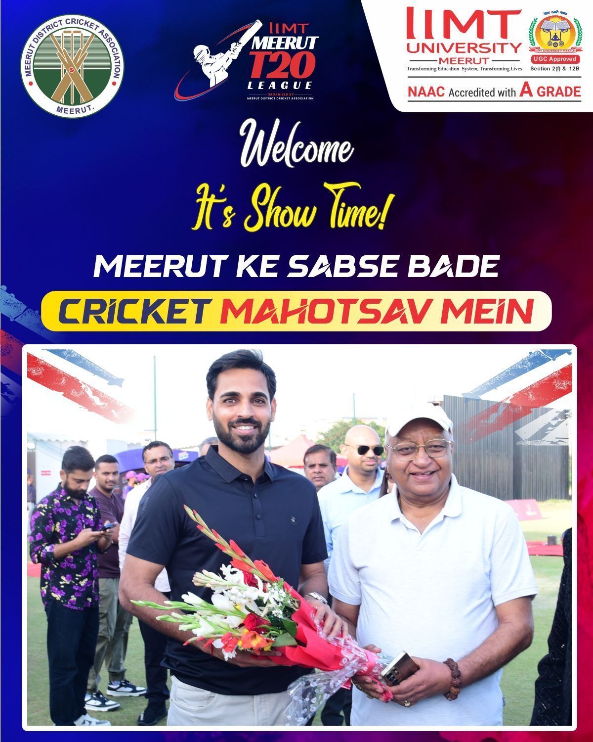 Bhuvneshwar Kumar holding the trophy during the grand arrival ceremony at IIMT Meerut T20 League with fireworks and crowd in the background