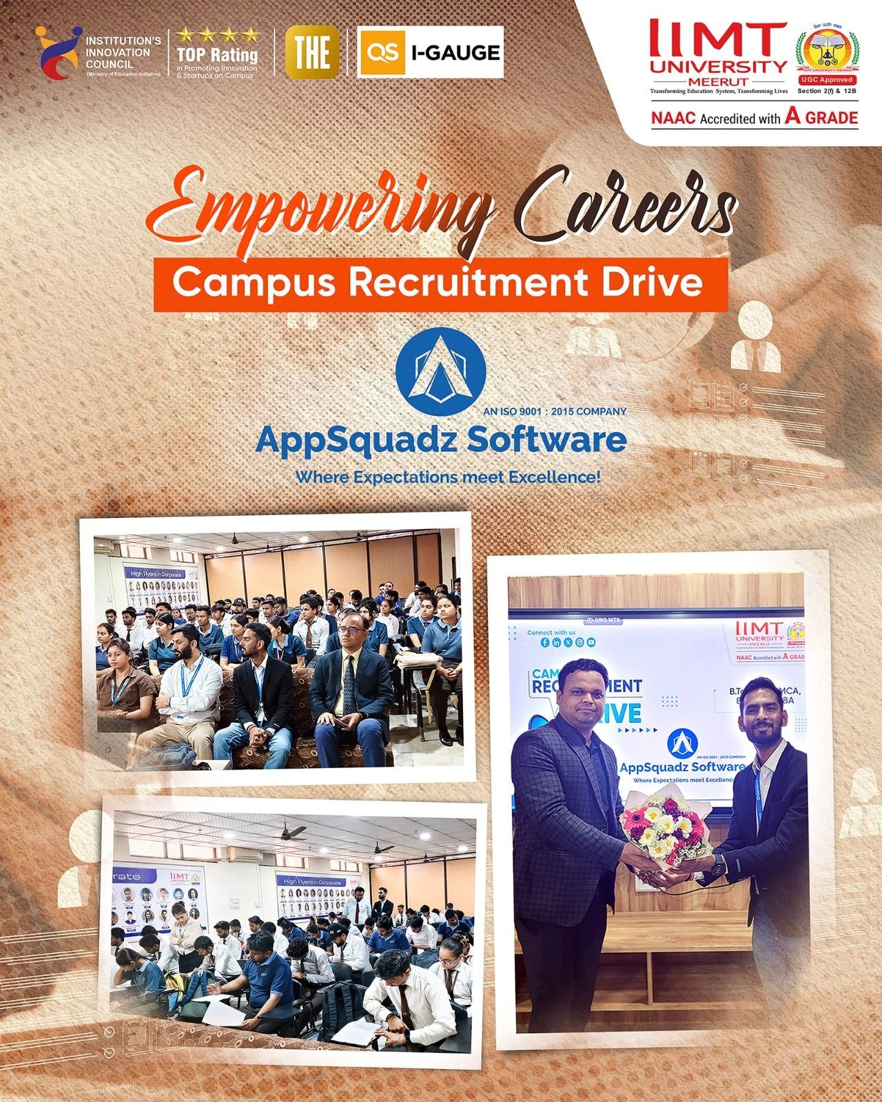 IIMT University hosting a campus placement drive with AppSquadz Software, featuring students interacting with recruiters and receiving recognition.