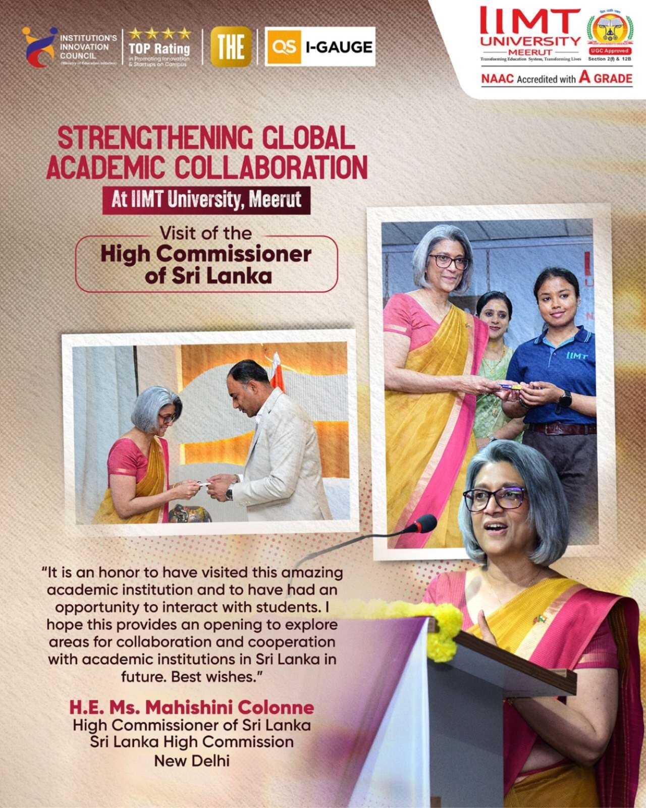 Mahishini Colonne interacting with students and faculty at IIMT University Meerut during her official visit