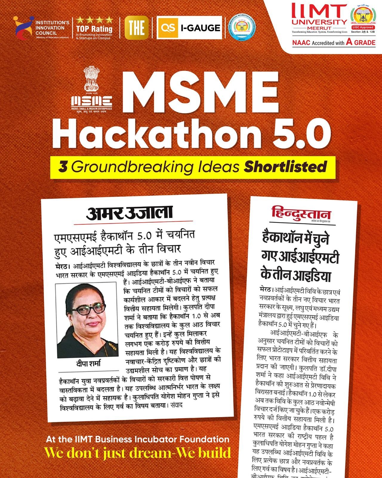 Students of IIMT University presenting innovative projects shortlisted at MSME Hackathon 5.0 showcasing creativity and real-world solutions.