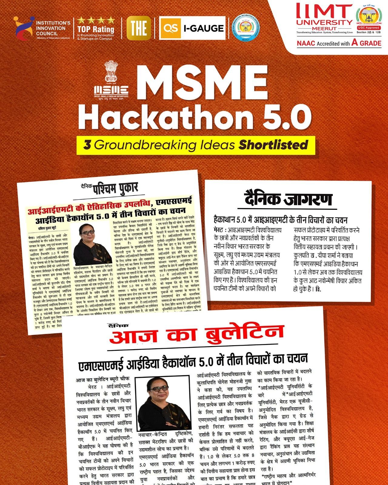 IIMT University innovation team celebrating national recognition for their ideas at MSME Hackathon 5.0 with focus on technology and entrepreneurship.