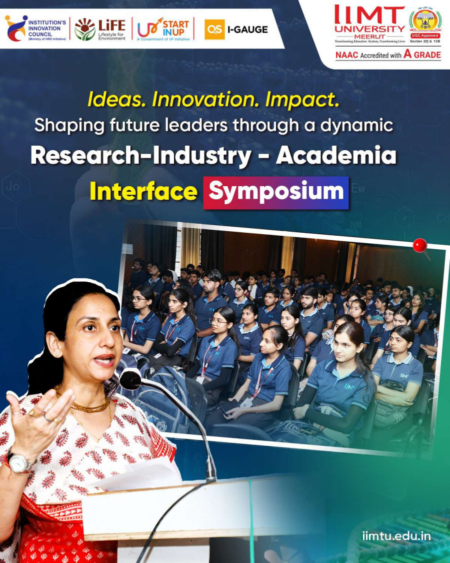 Students and industry experts interacting during the Researchâ€“Industryâ€“Academia Interface Symposium at IIMT University Meerut, discussing innovation and real-world applications.