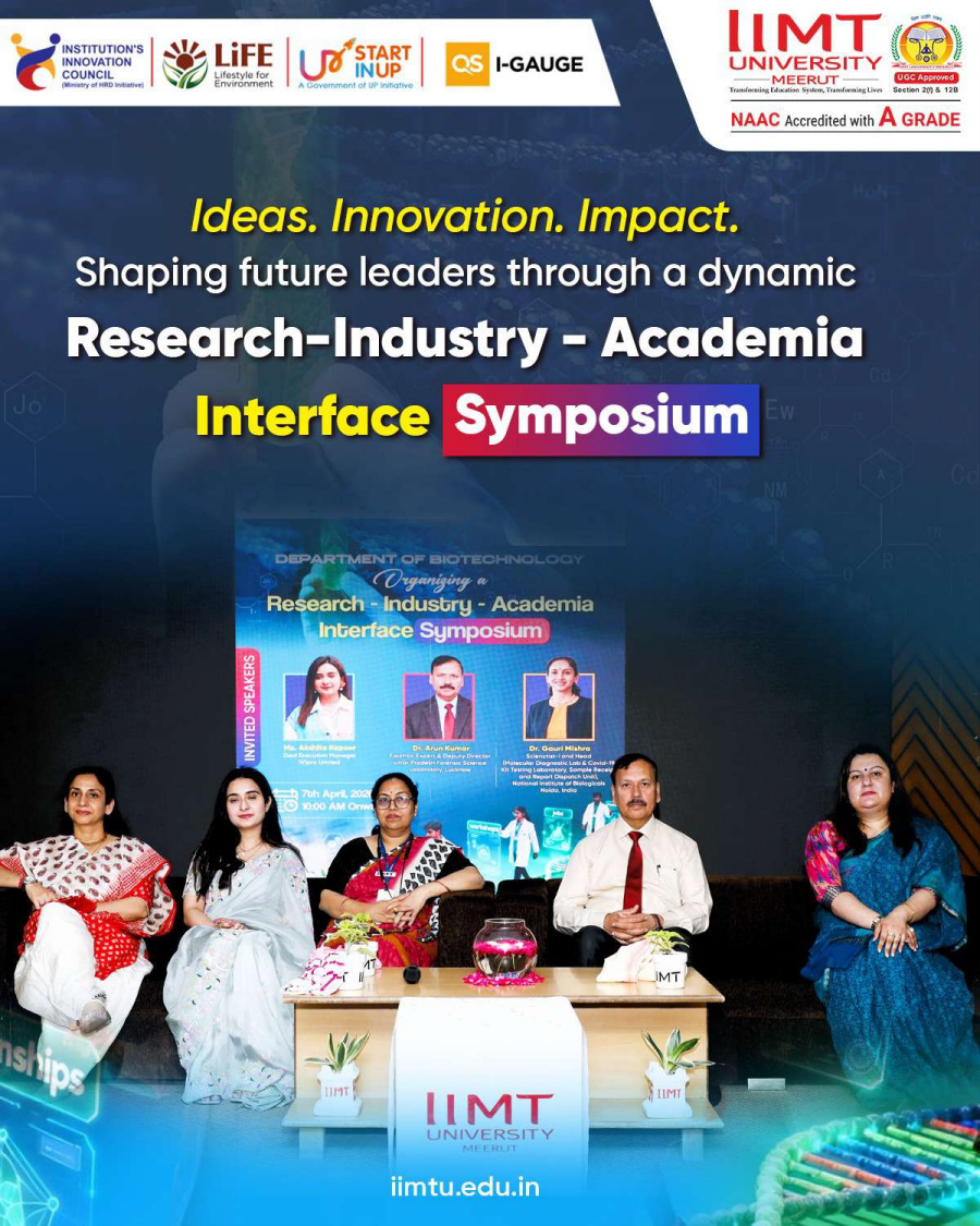 Keynote speaker addressing students at IIMT University Meerut innovation symposium, highlighting industry trends, research collaboration, and future career opportunities.