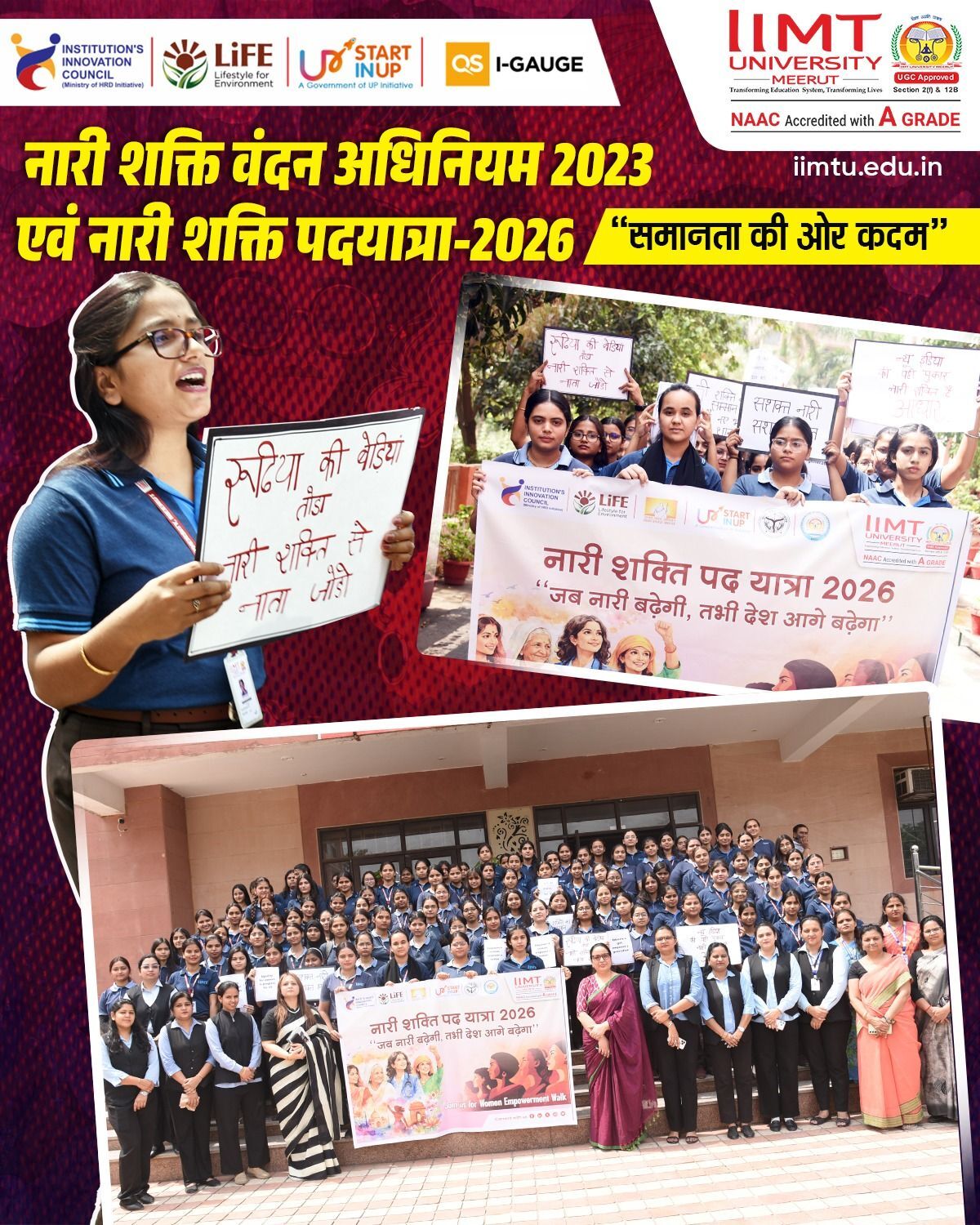 Women students and faculty leading empowerment march supporting Nari Shakti Vandan Act 2023 initiative