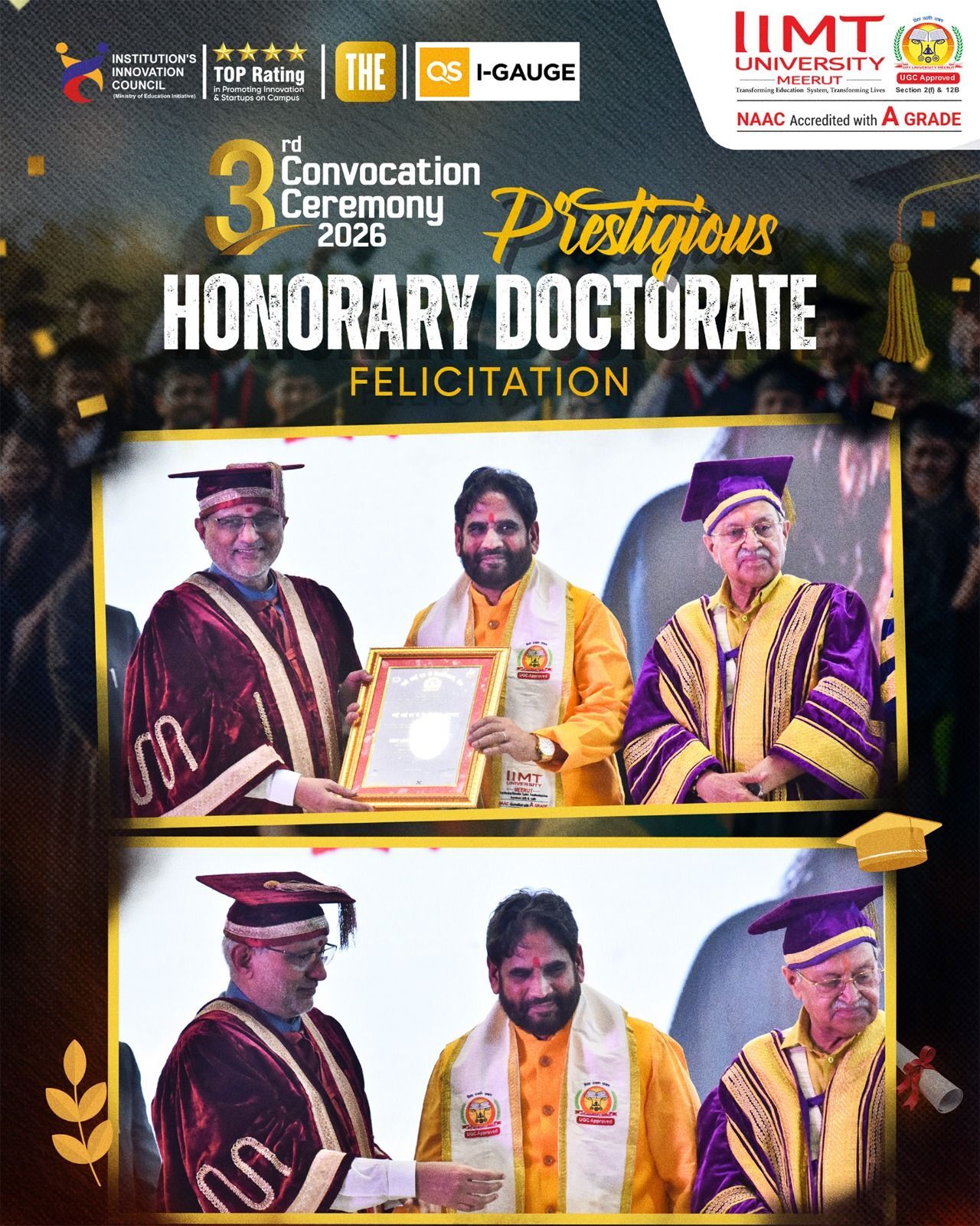 IIMT University Convocation 2026 ceremony with dignitaries receiving honorary doctorate degrees on stage