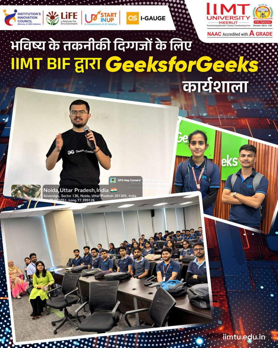 Students participating in a hands-on coding workshop at IIMT University in collaboration with GeeksforGeeks, focusing on real-world programming skills.