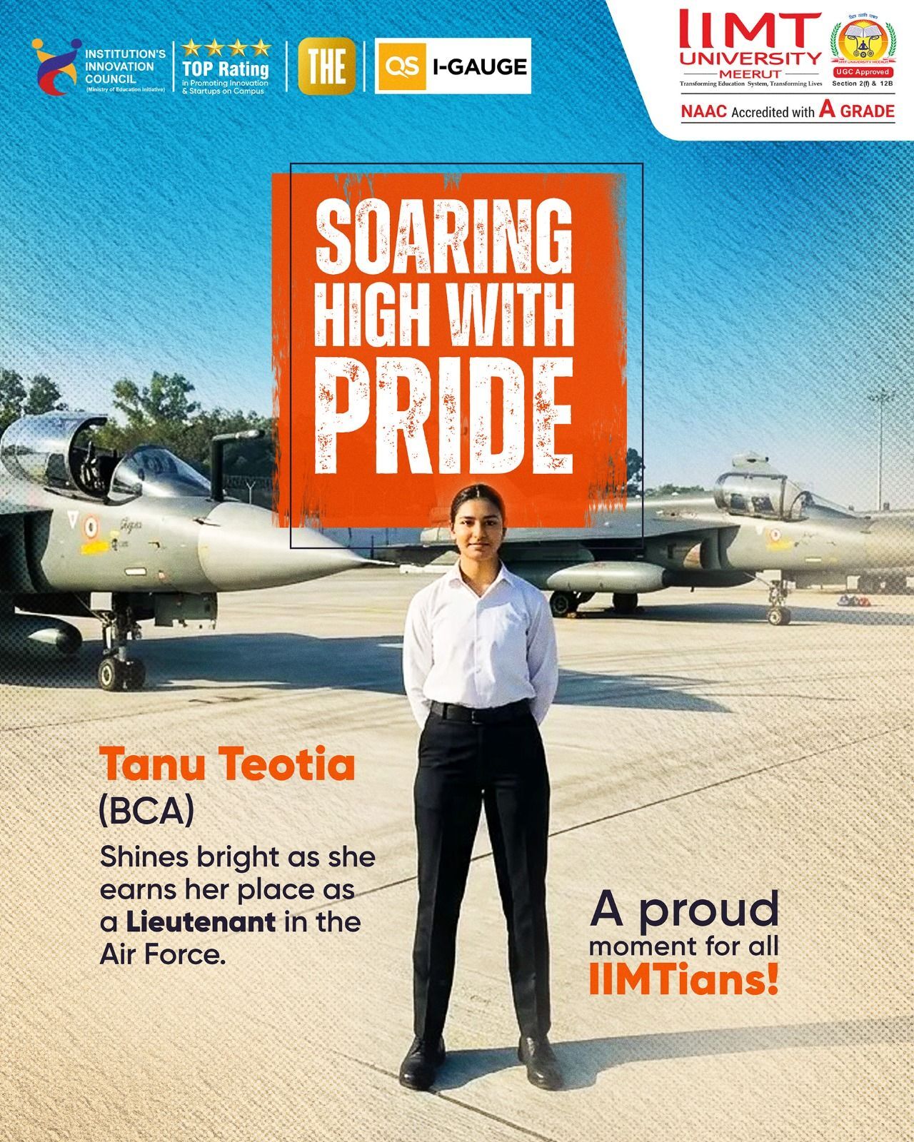 Tanu Teotia in Indian Air Force uniform celebrating her achievement as a Lieutenant after graduating from IIMT University