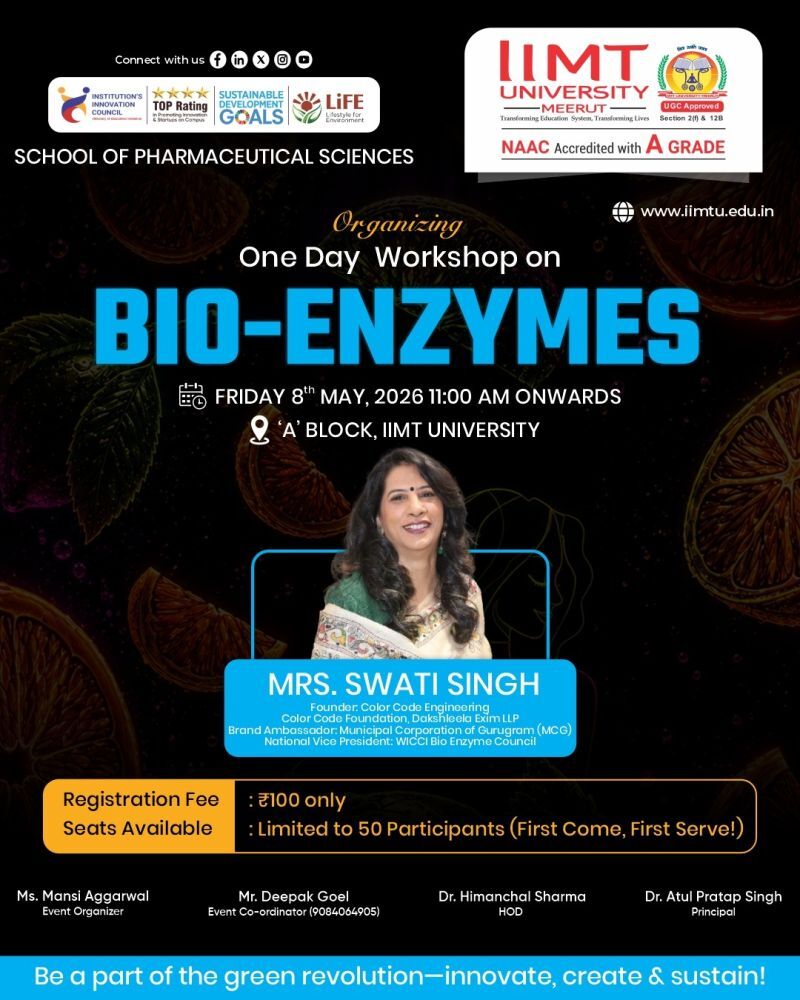Participants learning sustainable waste management and eco-friendly bio-enzyme preparation at the Bio-Enzyme Workshop organized by the School of Pharmaceutical Sciences, IIMT University Meerut.
