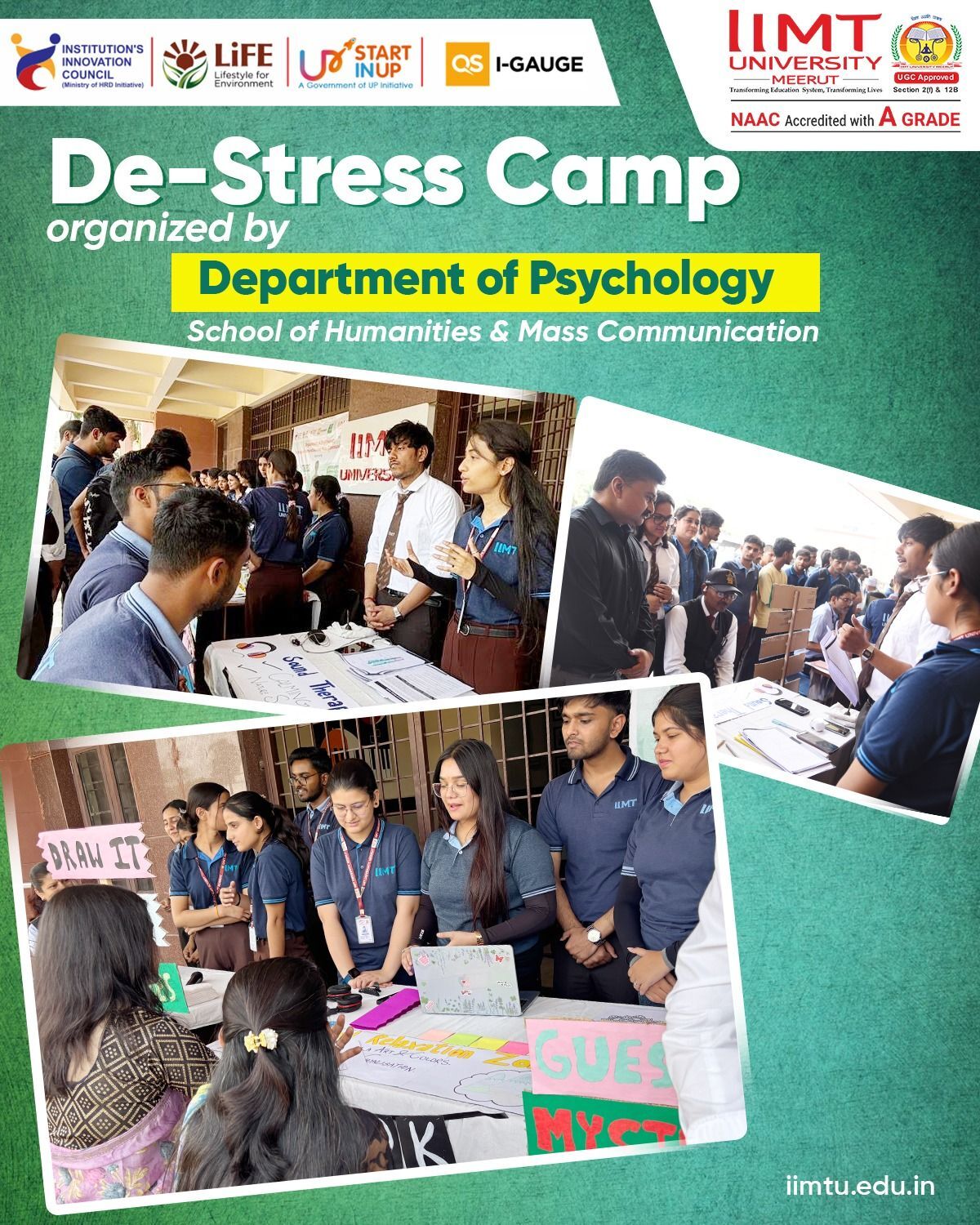 Participants exploring five-senses-based stress management booths at the Department of Psychology's De-Stress Camp, promoting mental health and emotional well-being.