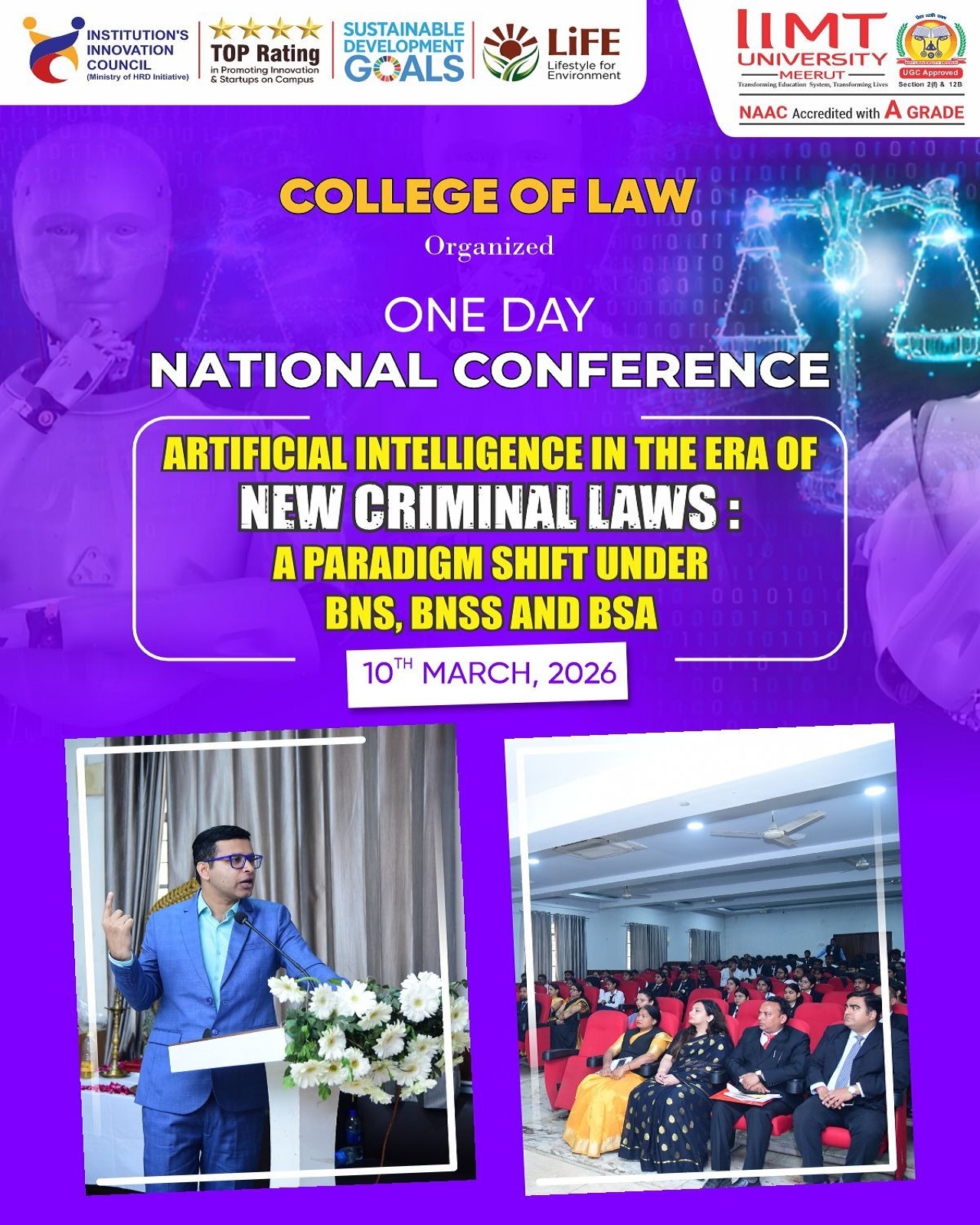 National Conference on Artificial Intelligence in the Era of New Criminal Laws organized by the College of Law, featuring discussions on BNS, BNSS, BSA, AI in criminal justice, and legal innovation in India.