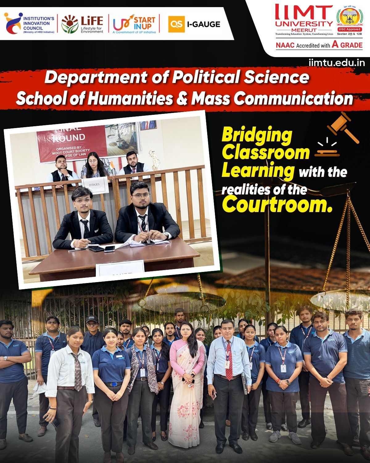 Students of IIMT University School of Humanities & Mass Communication observing courtroom proceedings during a Moot Court study visit for practical legal exposure.