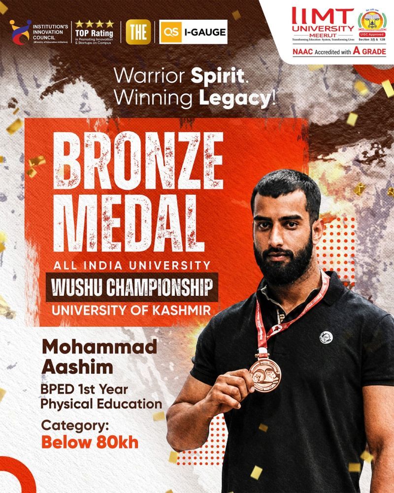 Mohammad Aashim of IIMT University proudly displaying his Bronze Medal won at the All India University Wushu Championship held at the University of Kashmir