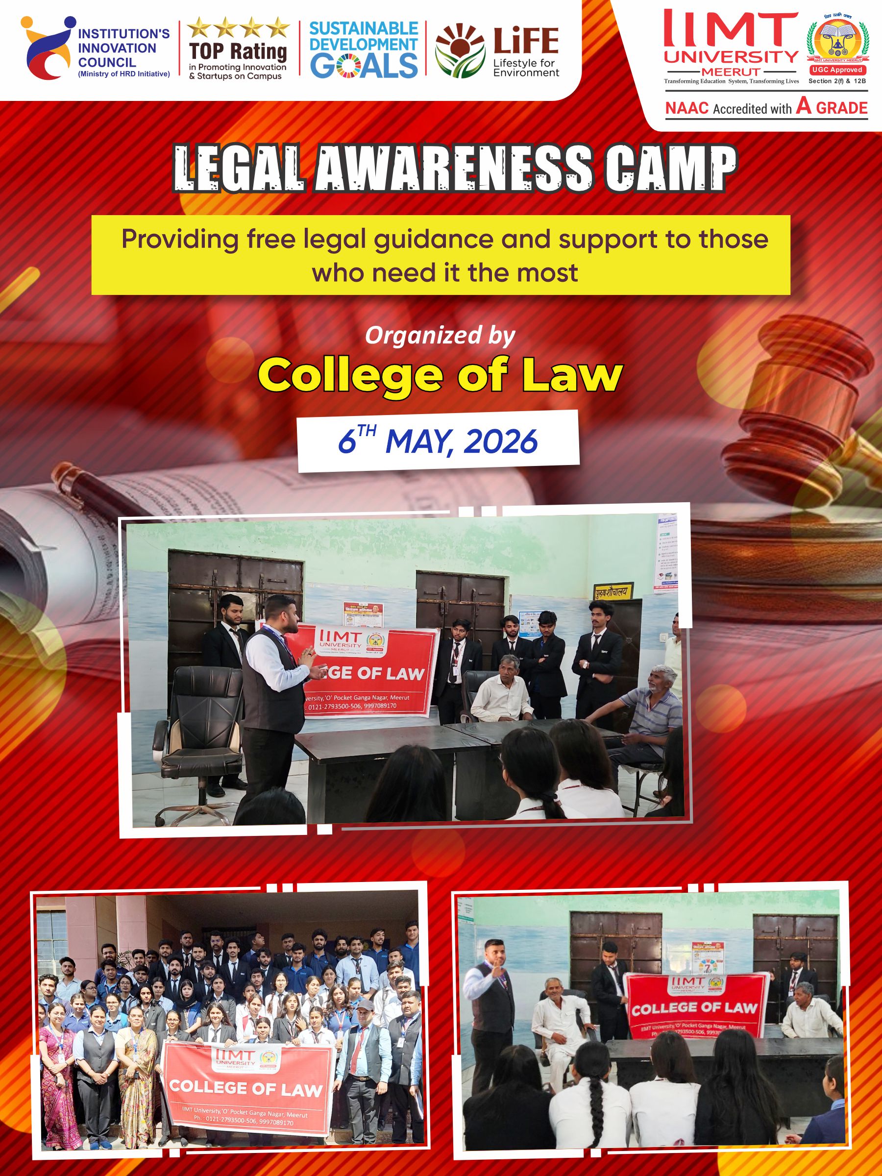 College of Law students and faculty conducting a Legal Awareness Camp on 6th May 2026, providing free legal guidance and legal rights awareness to community members through outreach and counseling sessions.