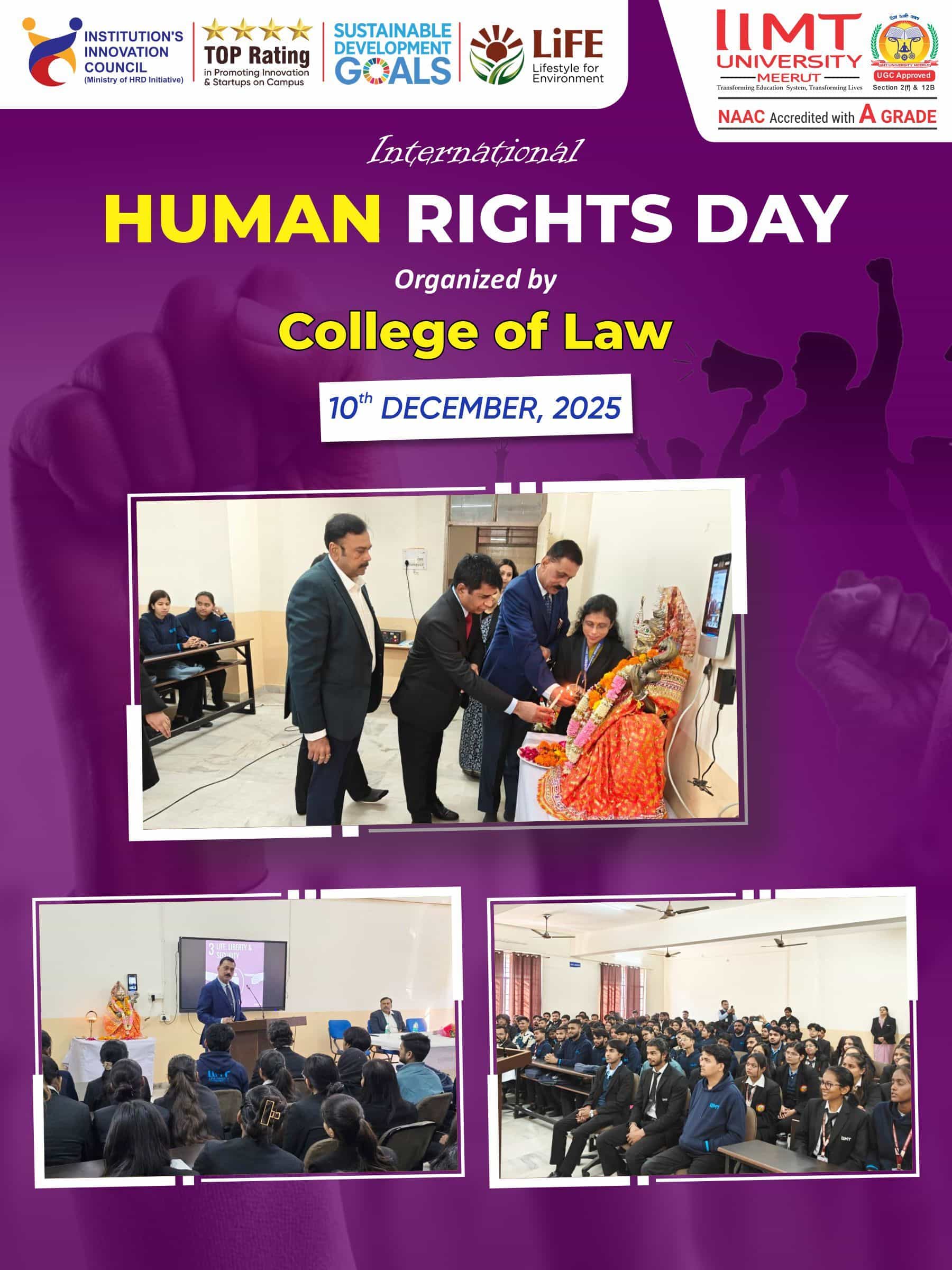 Students and faculty of the College of Law at IIMT University participating in the International Human Rights Day 2025 celebration, featuring expert lectures, academic discussions, and awareness activities on human rights and social justice.
