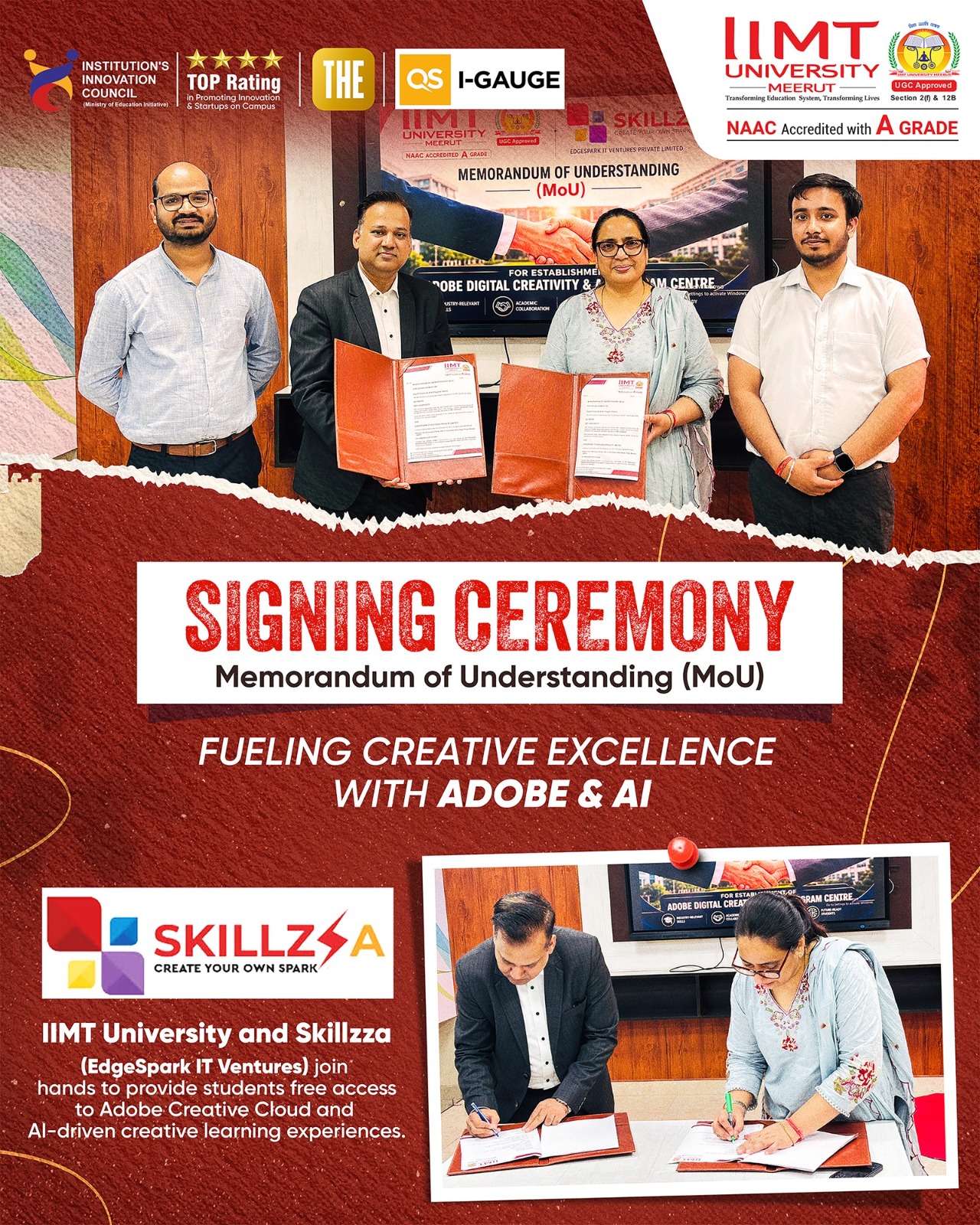 MoU signing ceremony between IIMT University and Skillzza for the Adobe Digital Creativity & AI Program Centre, promoting digital skills and AI-powered learning.